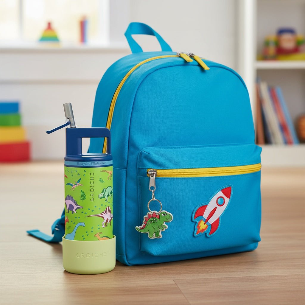 GROSCHE Alpine Kids water bottle in Green Dino with the Bottle Booty in Pistachio Mist