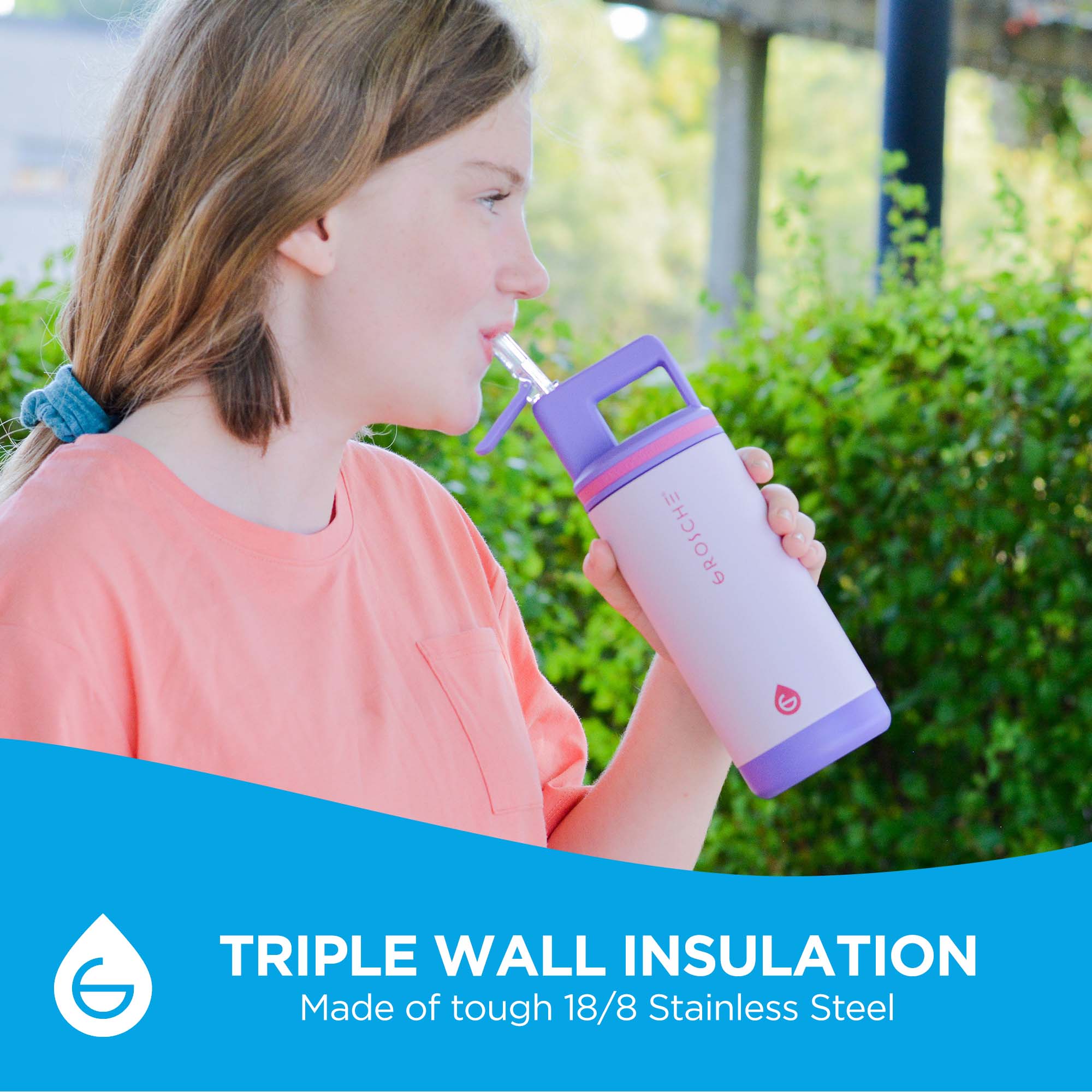 A girl standing outside, drinking from the Alpine water bottle in Cosmic Purple. Triple wall insulated and made of tough 18/8 stainless steel.