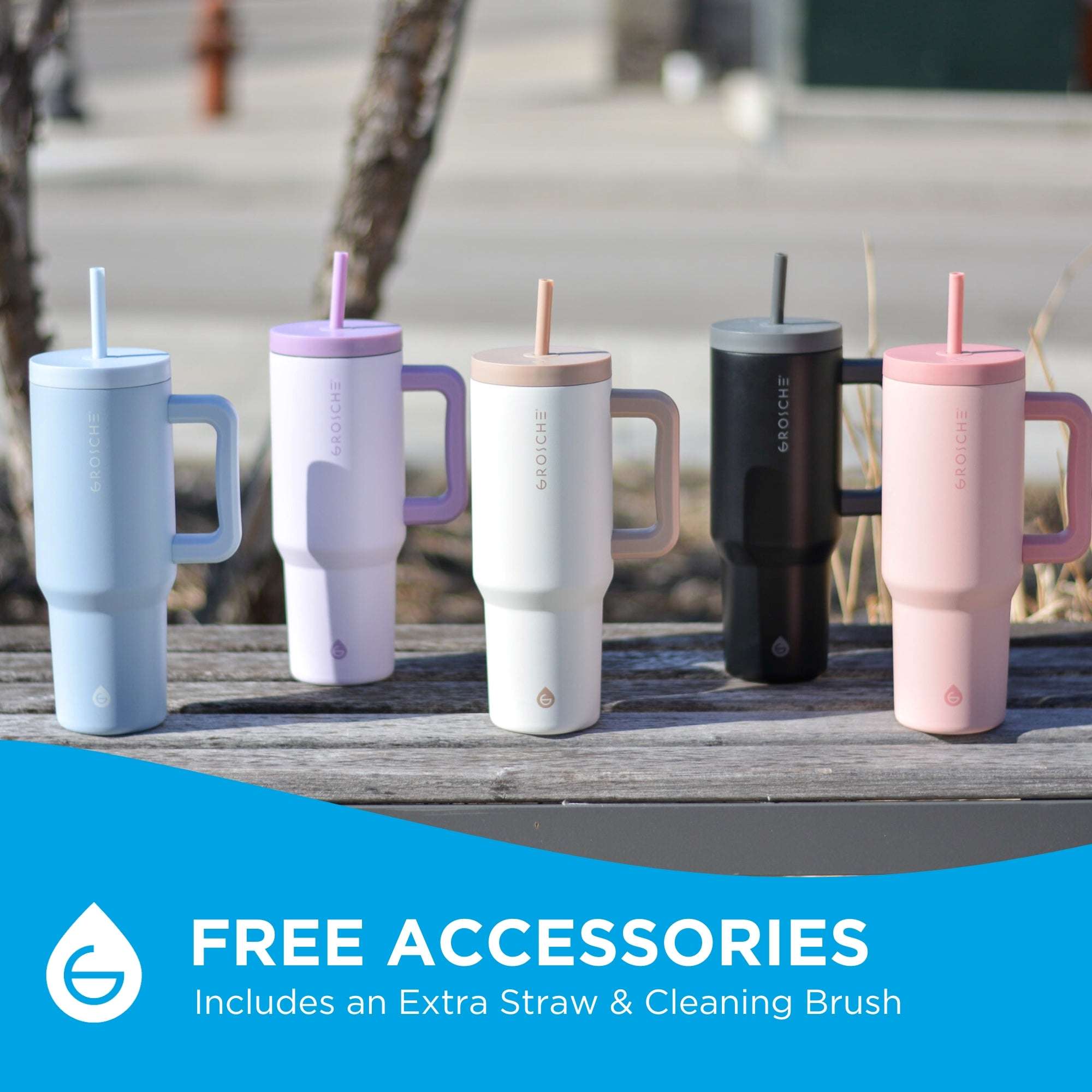 Each GROSCHE Aspen bottle includes an extra straw as well as a cleaning brush.