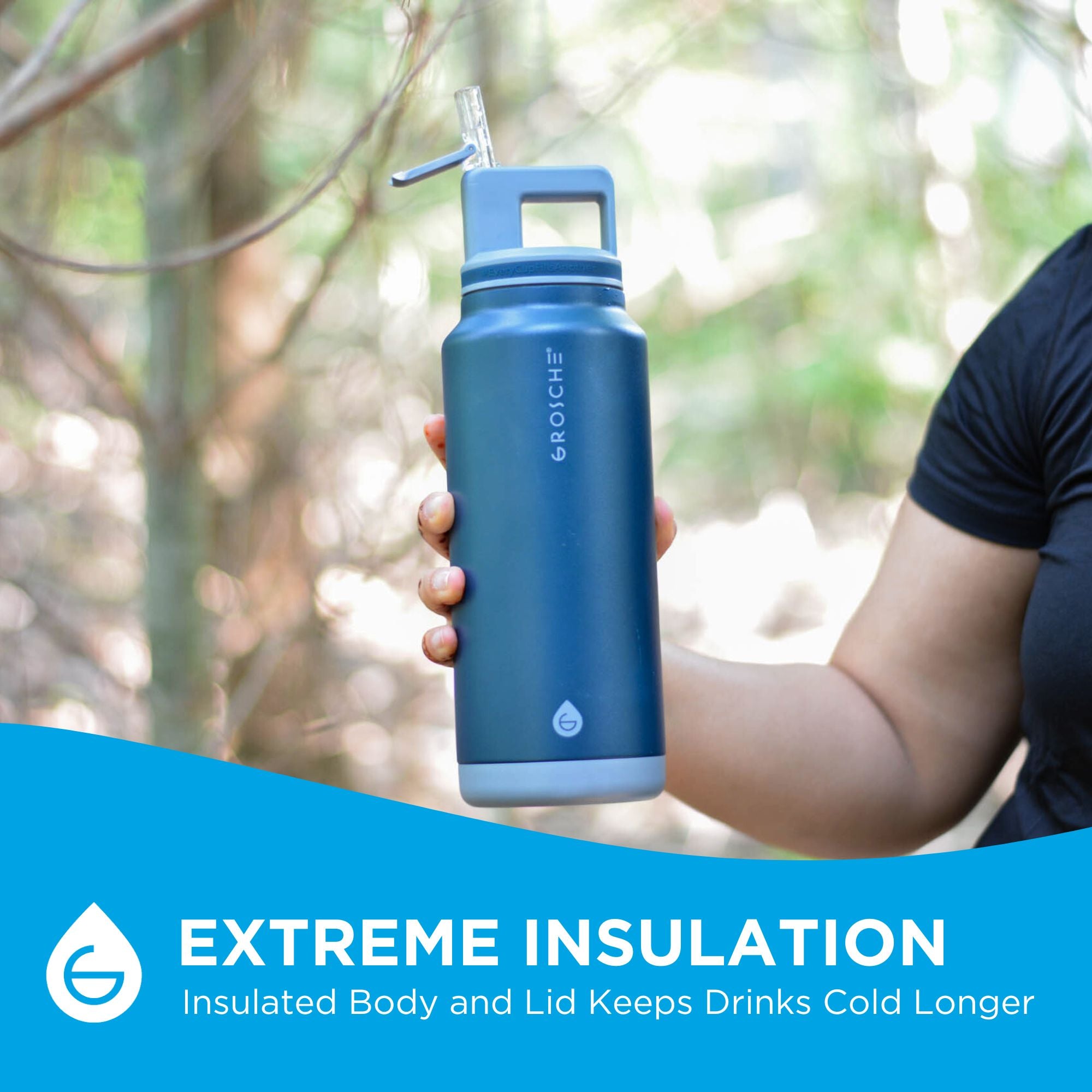 A person holding the ALPINE 40oz large insulated water bottle outdoors. Keep your drinks colder longer with GROSCH's extreme insulation body and lid.