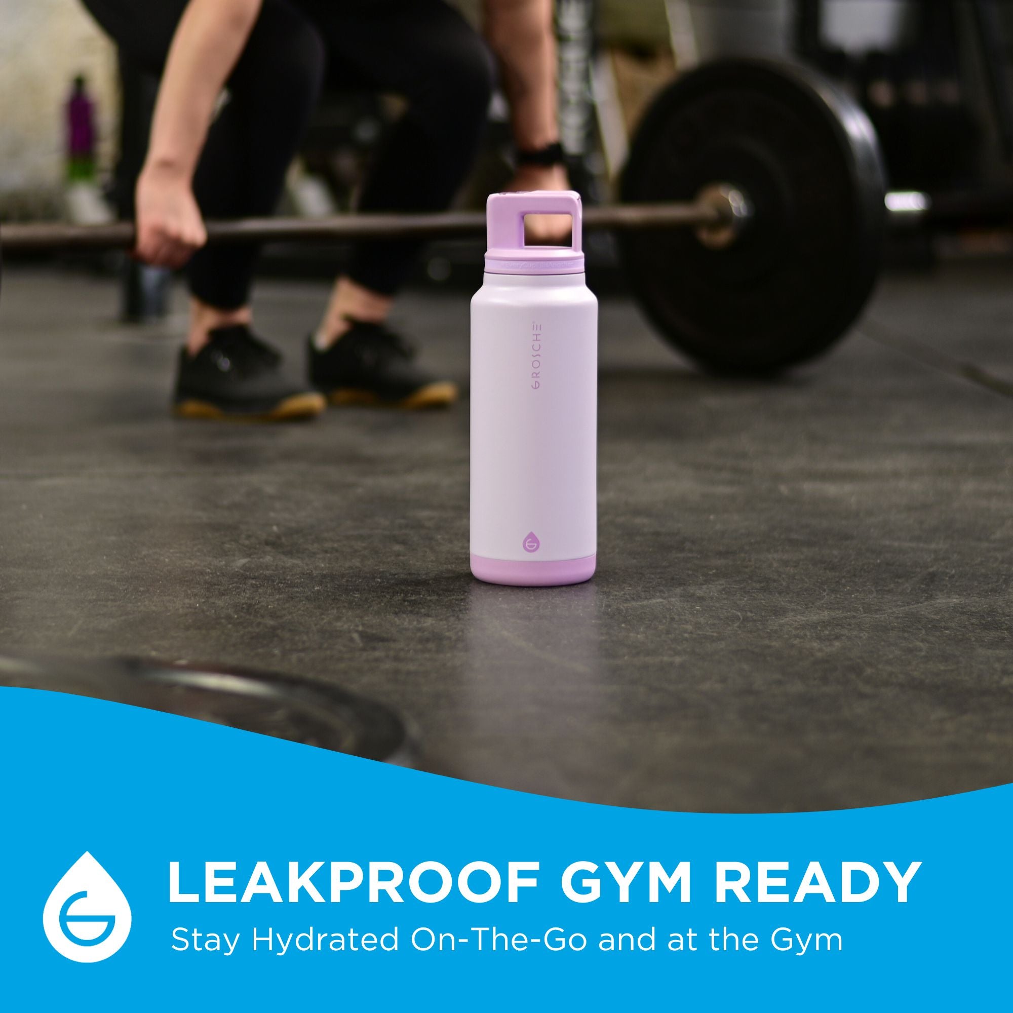 The ALPINE 40oz large insulated water bottle in front of someone lifting weights at the gym. Stay hydrated on-the-go with the leakproof Alpine bottle.
