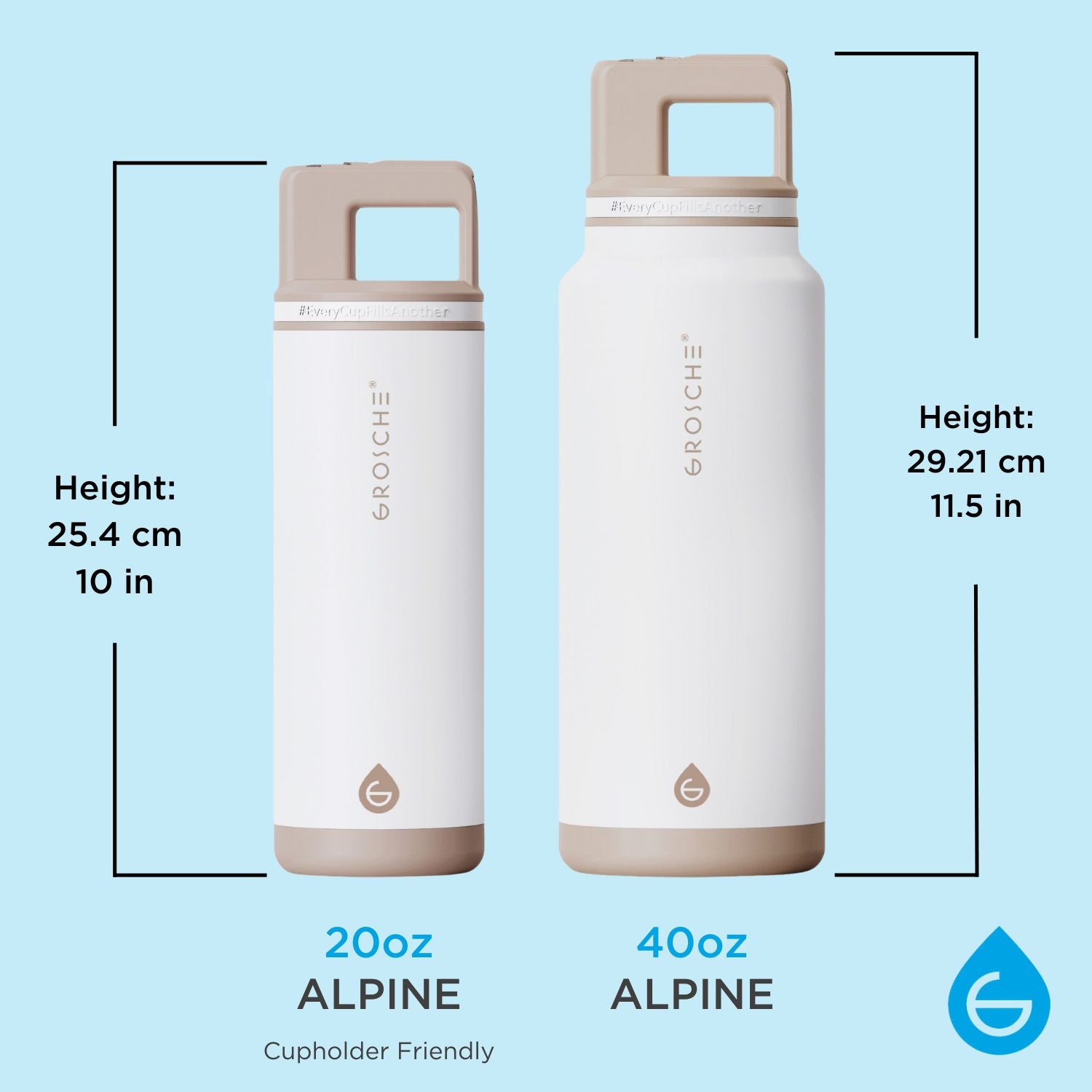 A side-by-side comparison of the 20oz Alpine insulated water bottle and the 40oz Alpine water bottle.