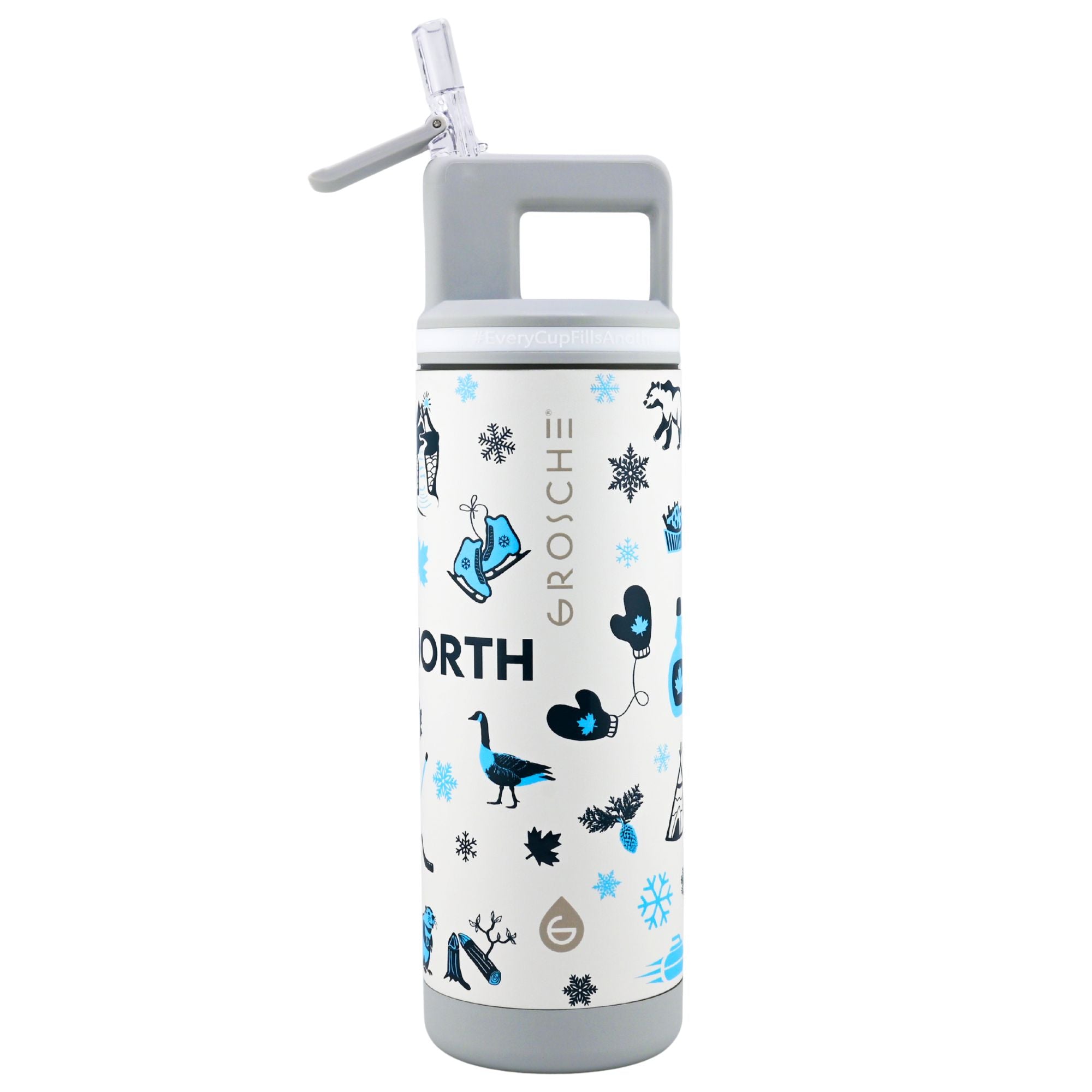 GROSCHE water bottle with winter-themed design on a white background