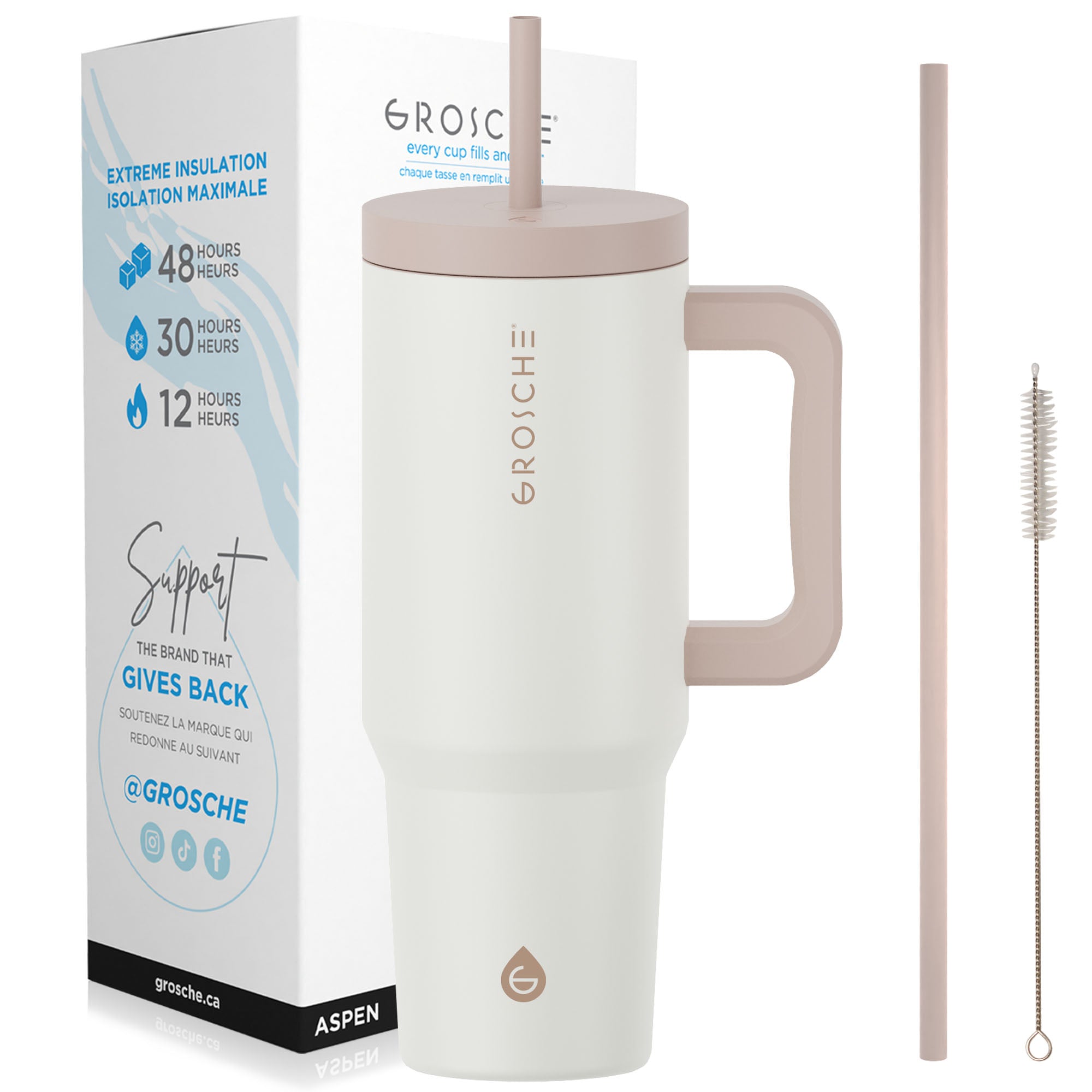 buy grosche aspen 40oz insulated tumbler with straw and handle, cream white color