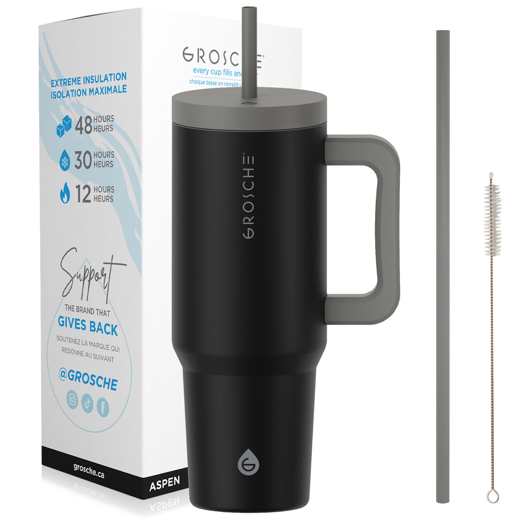 buy grosche aspen 40oz insulated tumbler with straw and handle, black color