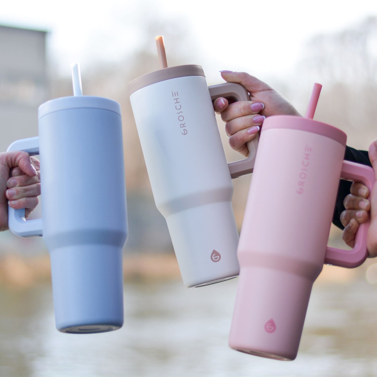 three grosche aspen insulated tumbler with straw, 40oz