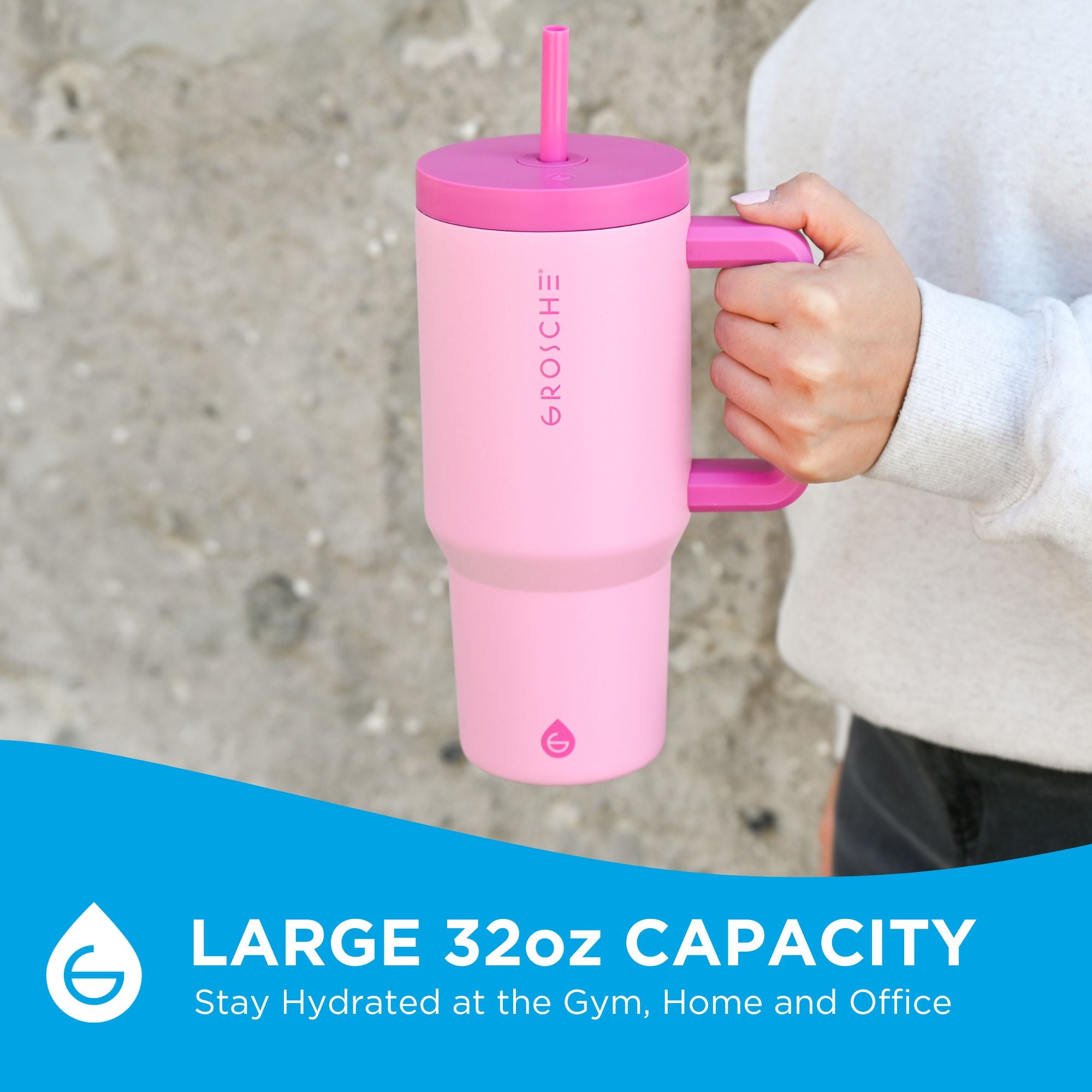 GROSCHE Aspen Tumbler: a pink tumbler with hot pink lid and handle. Stay hydrated at the gym, the office, or at home.