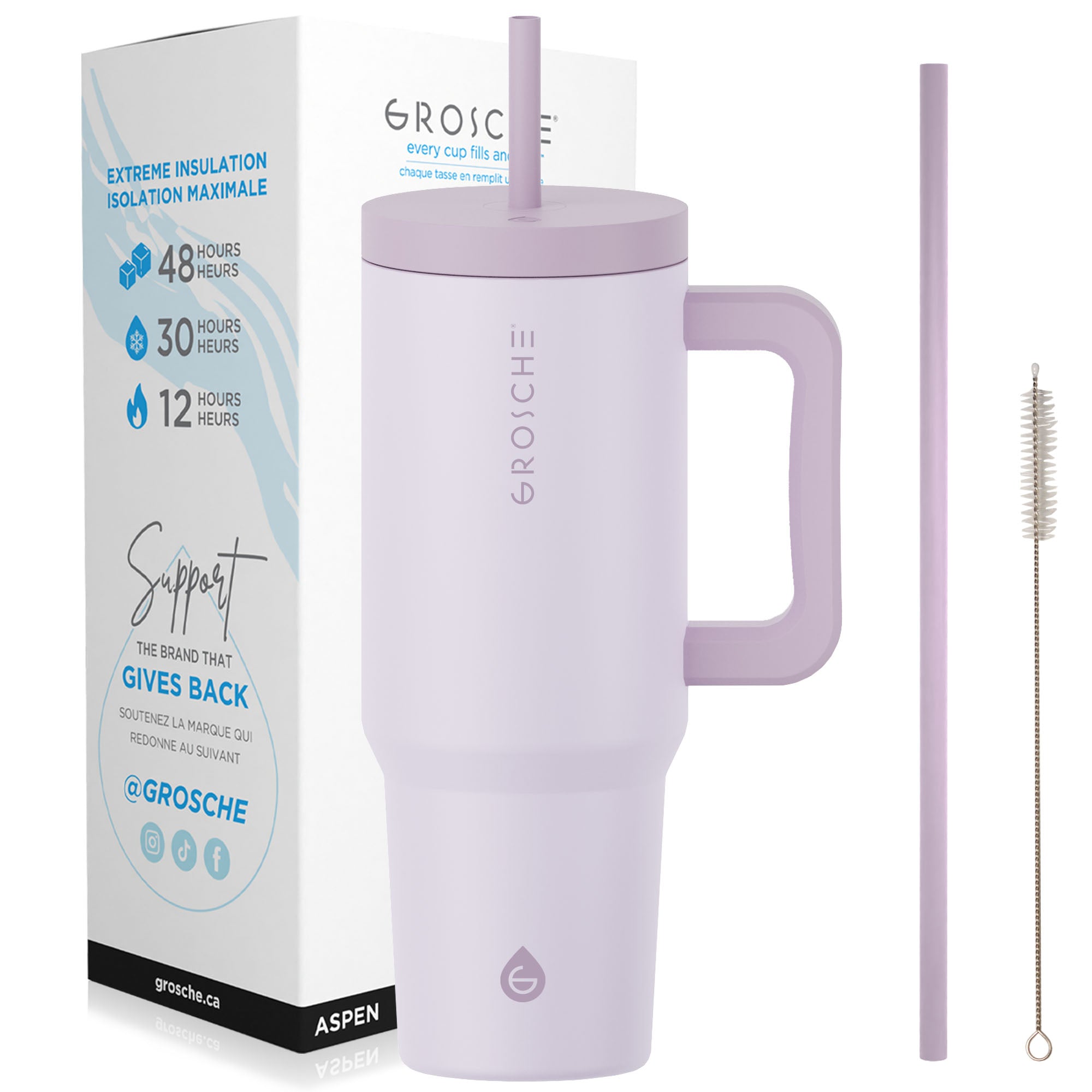 buy grosche aspen 40oz insulated tumbler with straw and handle, lavender color