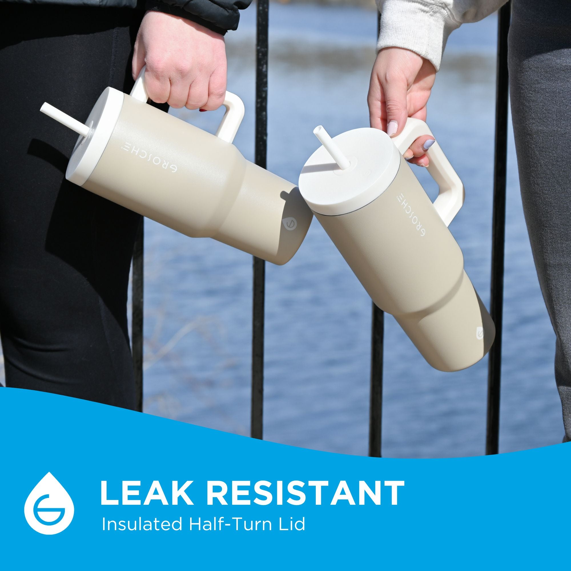 The GROSCHE Aspen tumbler features an insulated, leak-resistant, half turn lid.