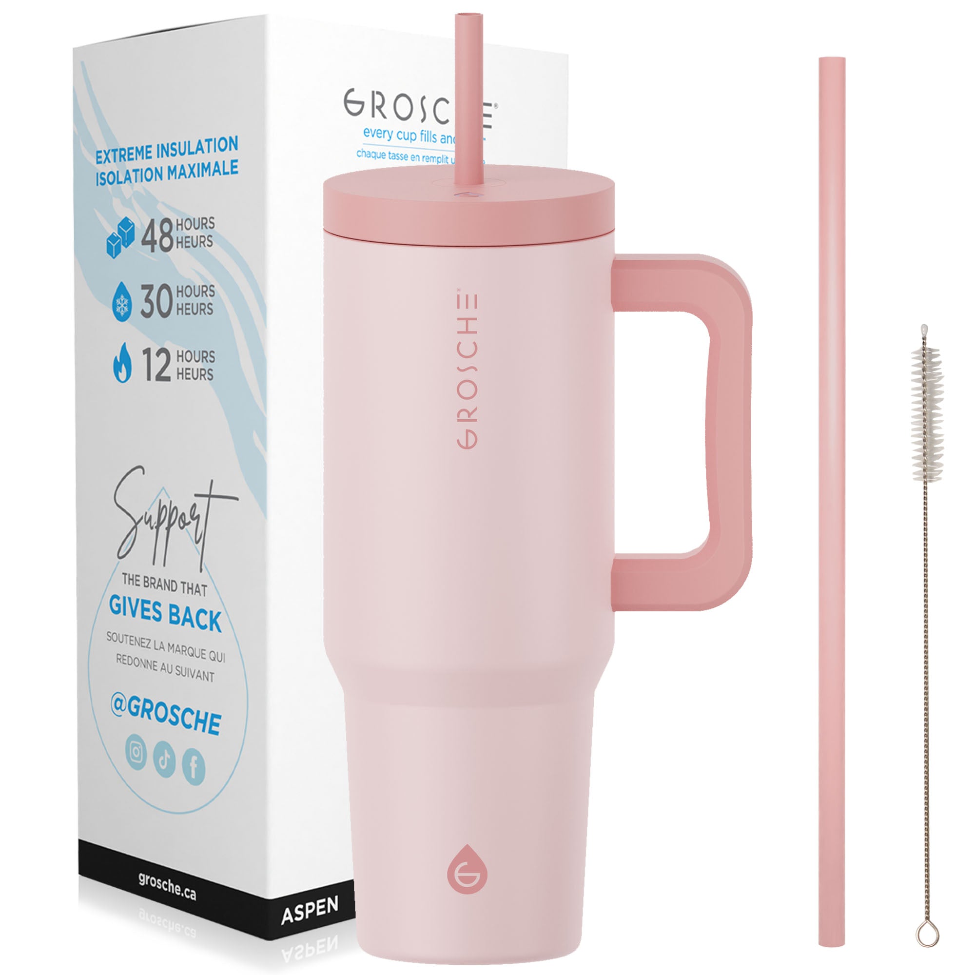 GROSCHE Aspen 40oz insulated tumbler with straw and handle, Peach Rose Pink color