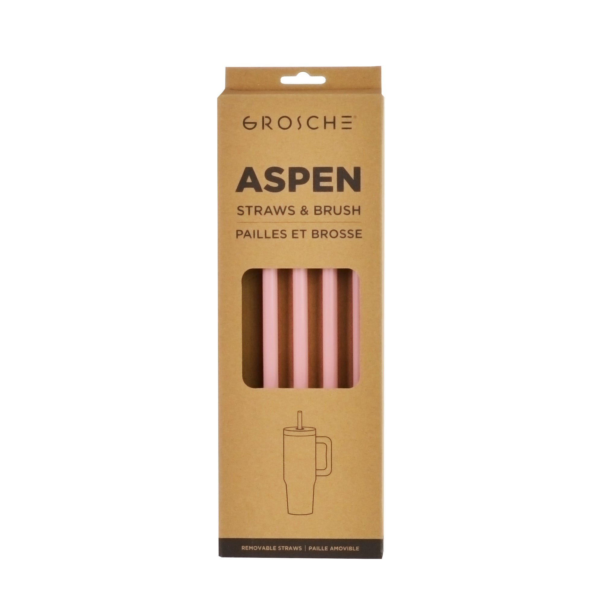 Grosche Aspen tumbler reusable pink straws and straw cleaner