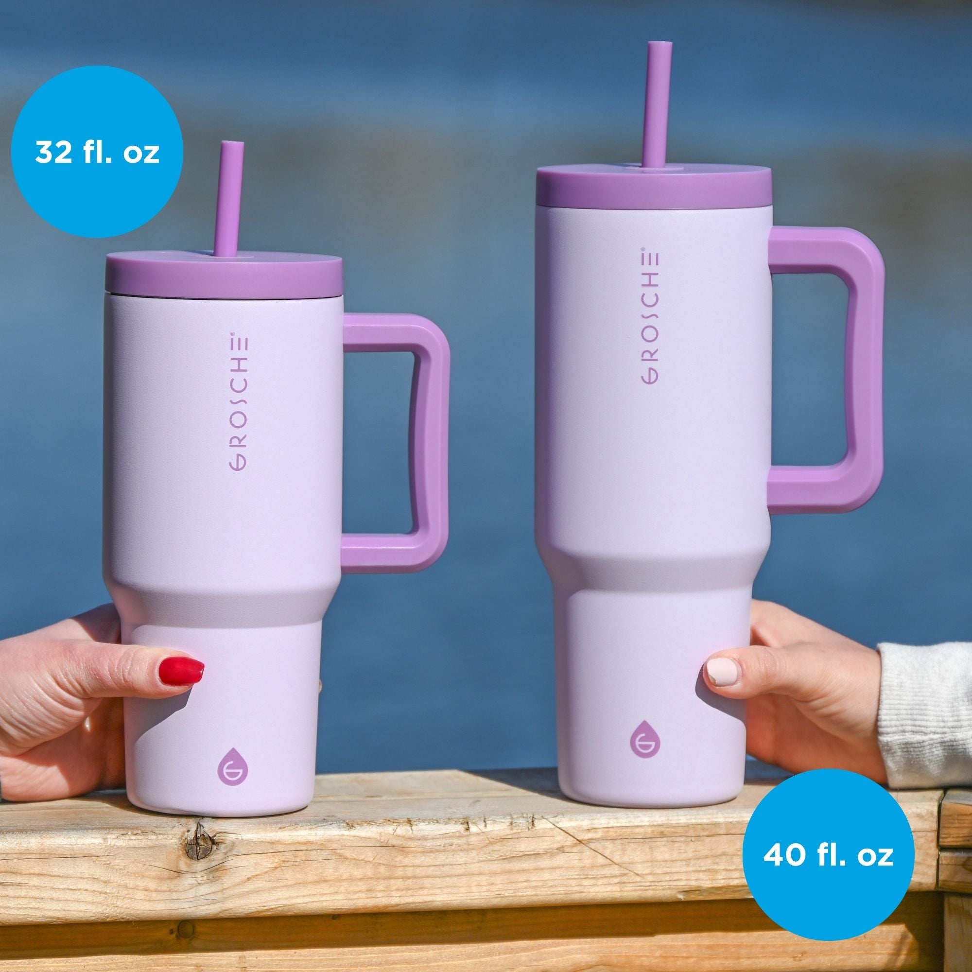 Two Aspen tumblers side by side, highlighting the size difference between the 32 oz and 40 oz bottles.
