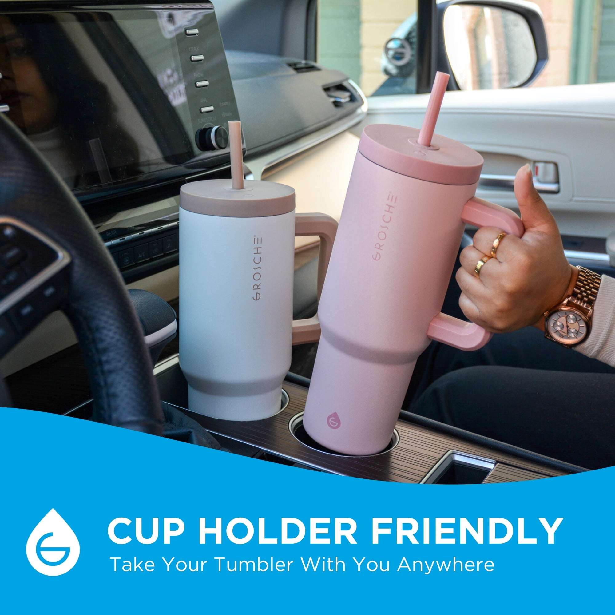 The Aspen bottle is cup holder friendly. Take your tumbler with you anywhere you go.