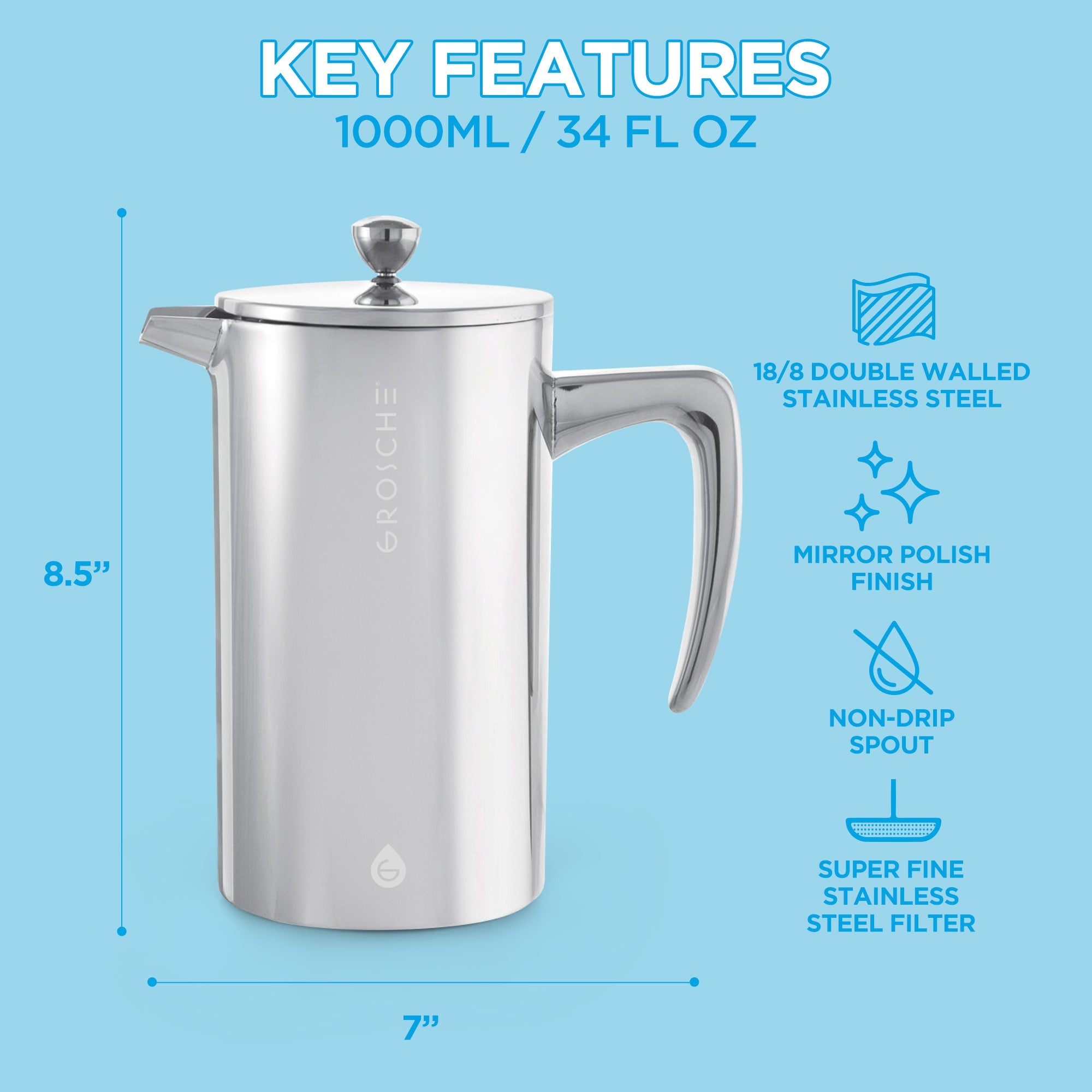 stainless steel french coffee press, key features