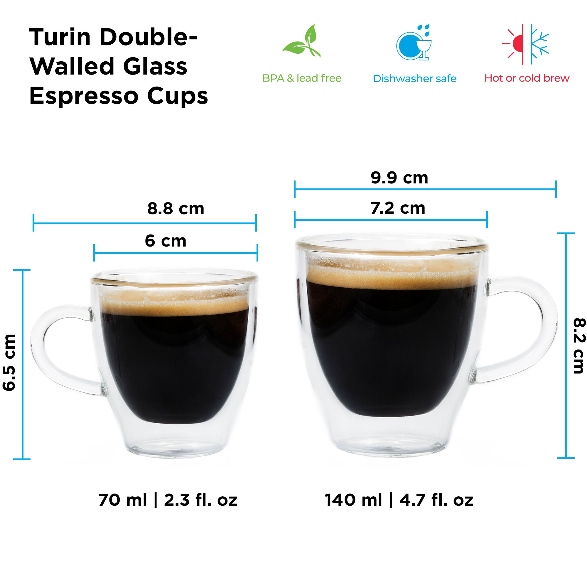 TURIN double wall glass espresso cups, key features