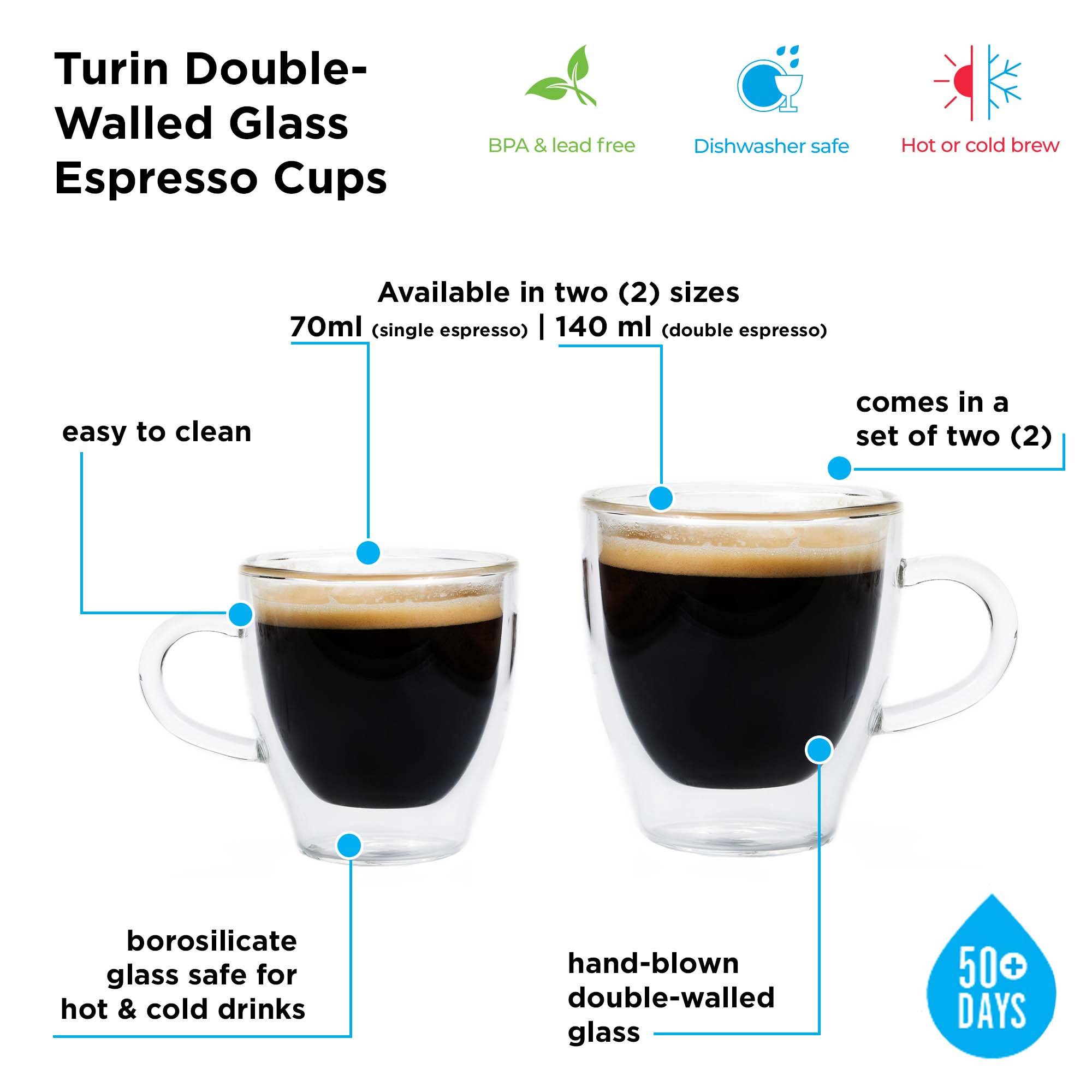 TURIN double wall glass espresso cups, key features