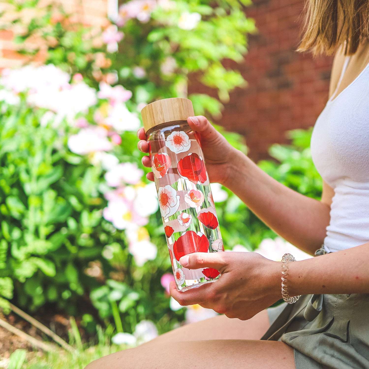 VENICE Eco Friendly Glass Water Bottle, red flowers