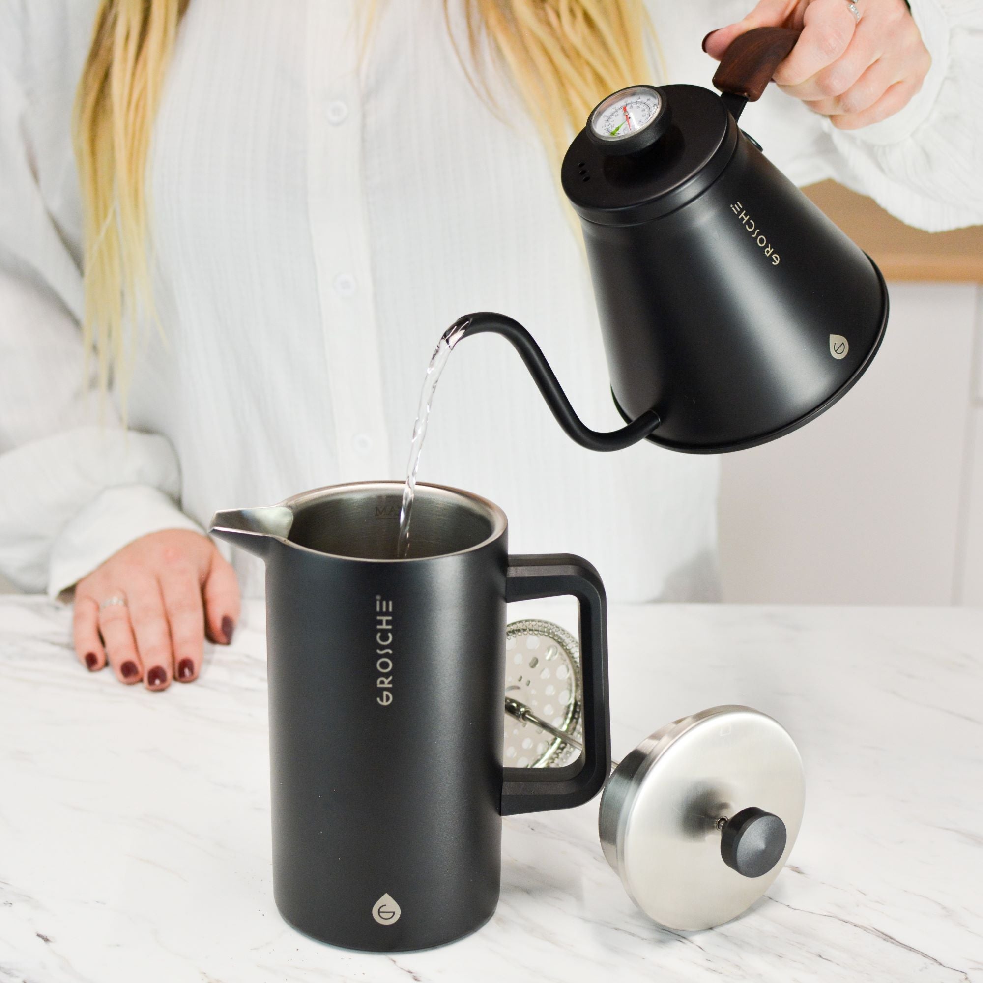 GROSCHE Dublin stainless steel French press and Marrakesh gooseneck kettle
