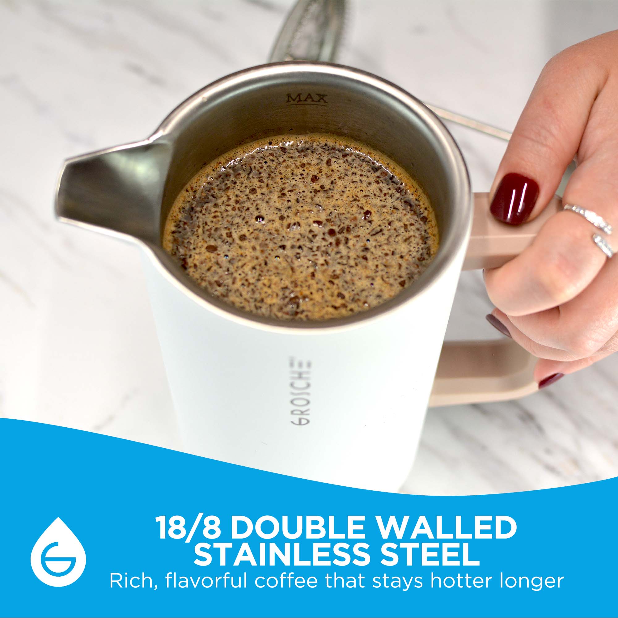 GROSCHE Dublin stainless steel french coffee press is made from 18/8 stainless steel to keep your coffee hotter for longer