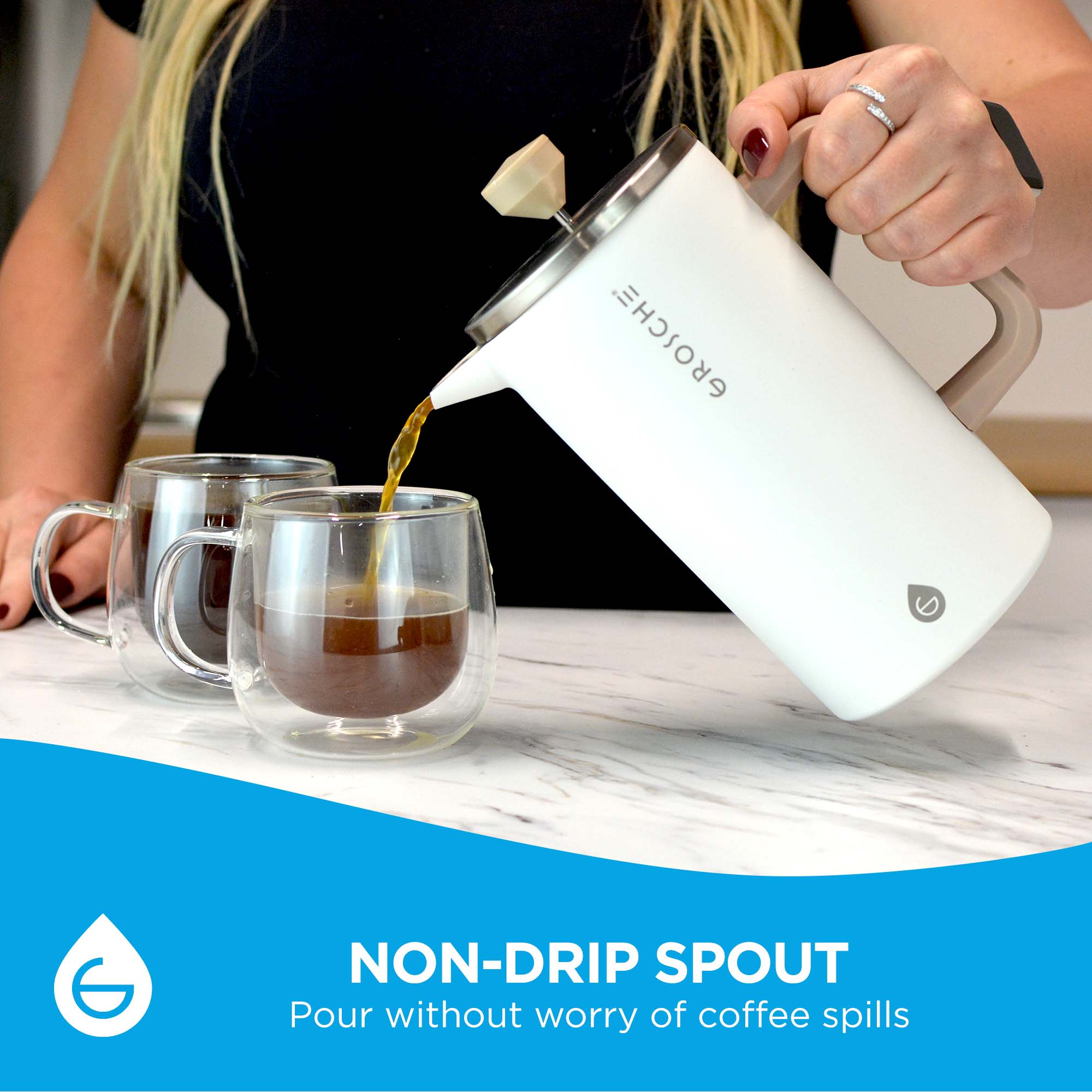 GROSCHE Dublin stainless steel French press features a non-drip spout