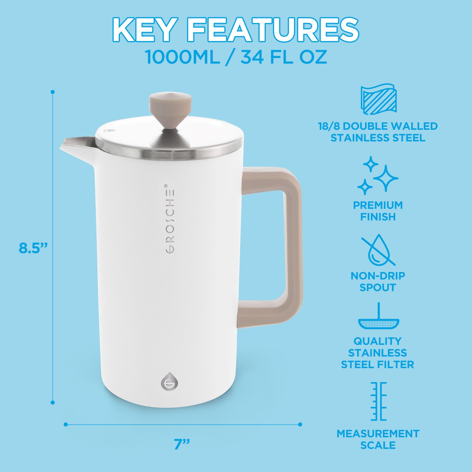 stainless steel double walled french press, key features
