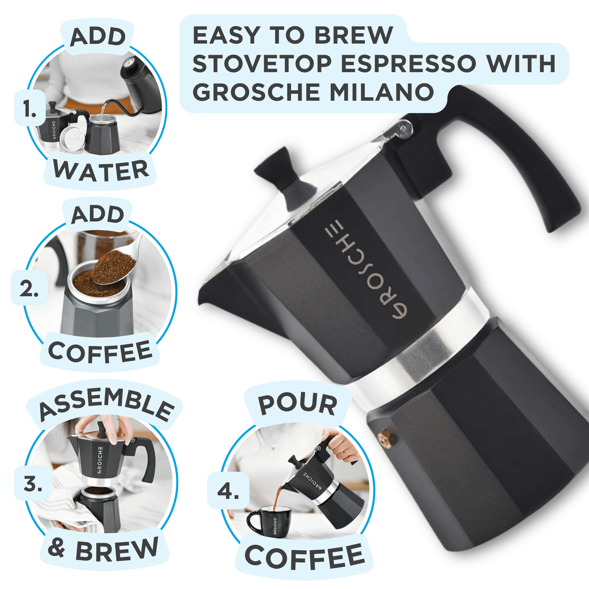 MILANO Stovetop Espresso Maker, Moka Pot - 12 Cup - GROSCHE International Inc.
