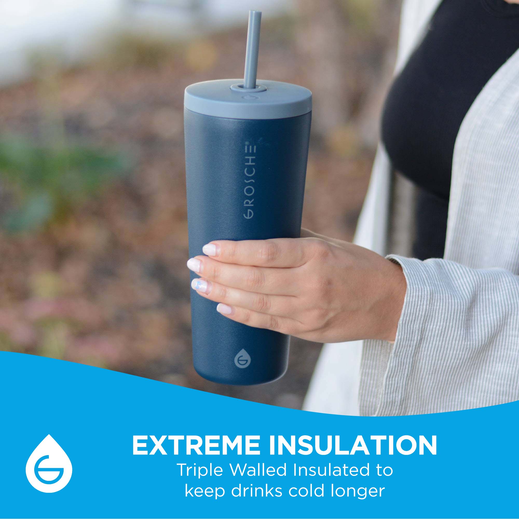 grosche jasper stainless steel tumbler with straw, 23oz, extreme insulation