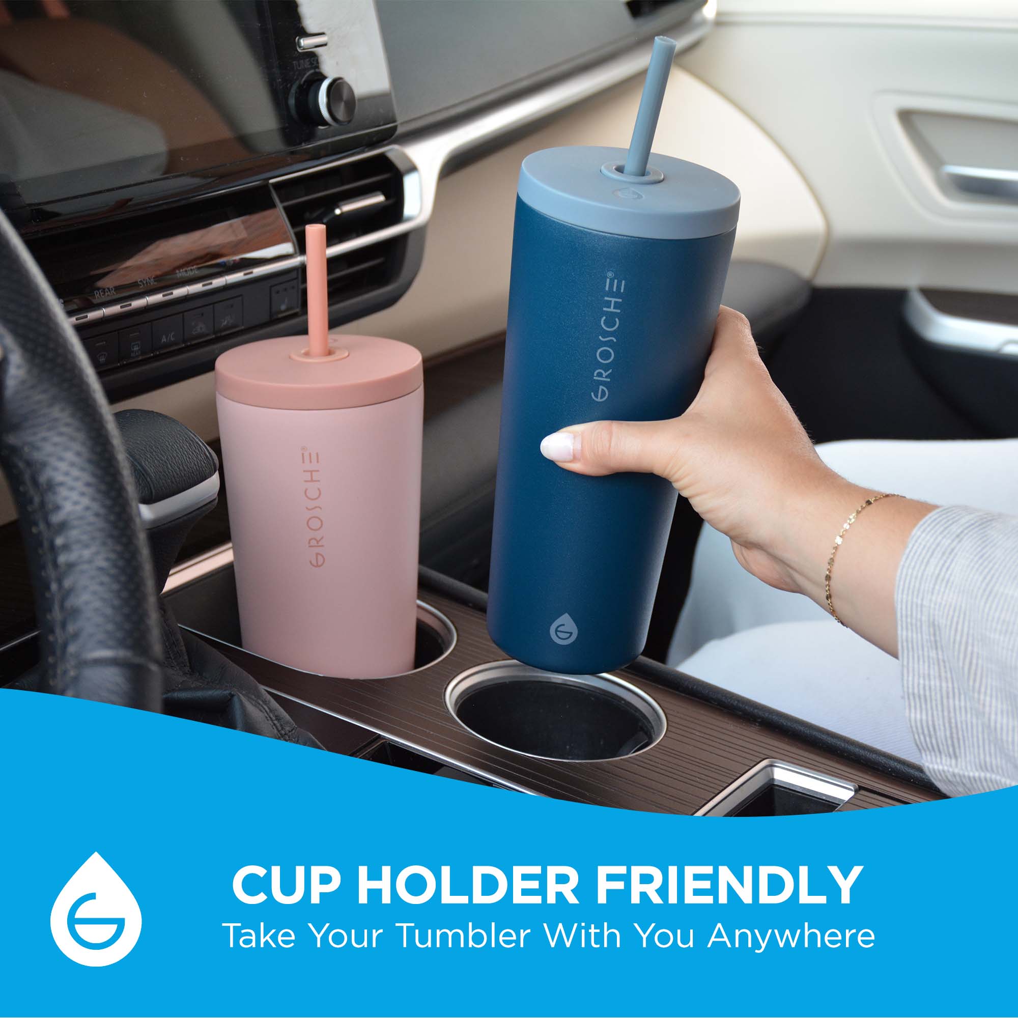 grosche jasper stainless steel tumbler with straw, 23oz, cup holder friendly