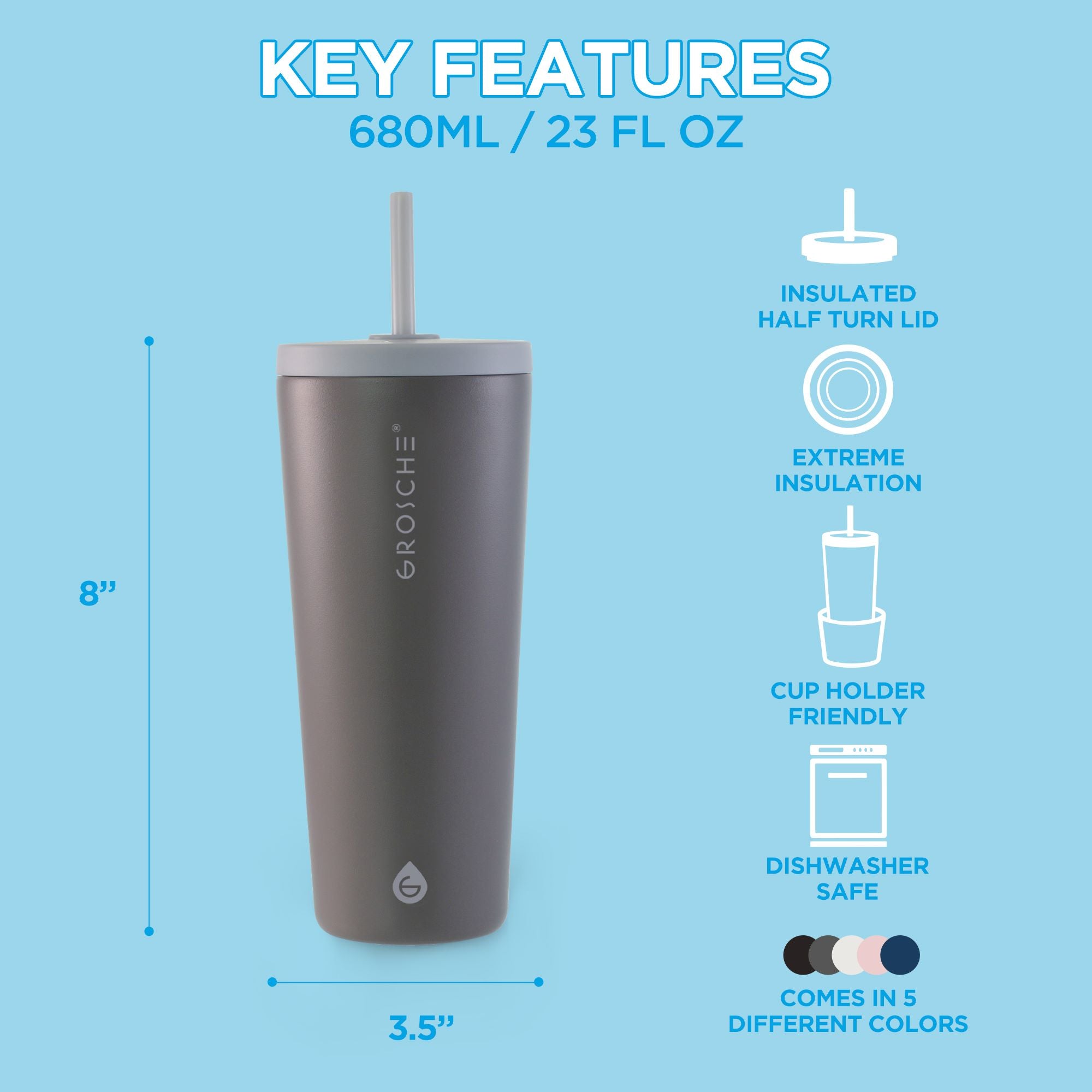 grosche jasper stainless steel tumbler with straw, 23oz, key features