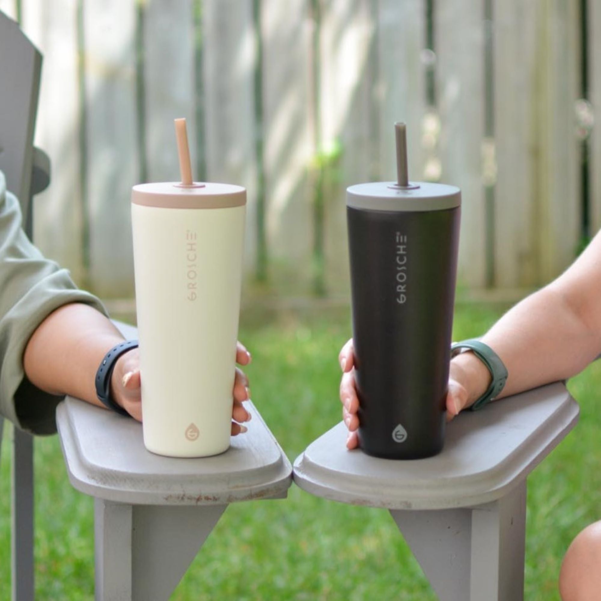 grosche jasper stainless steel tumbler with straw, 23oz, cream white and black