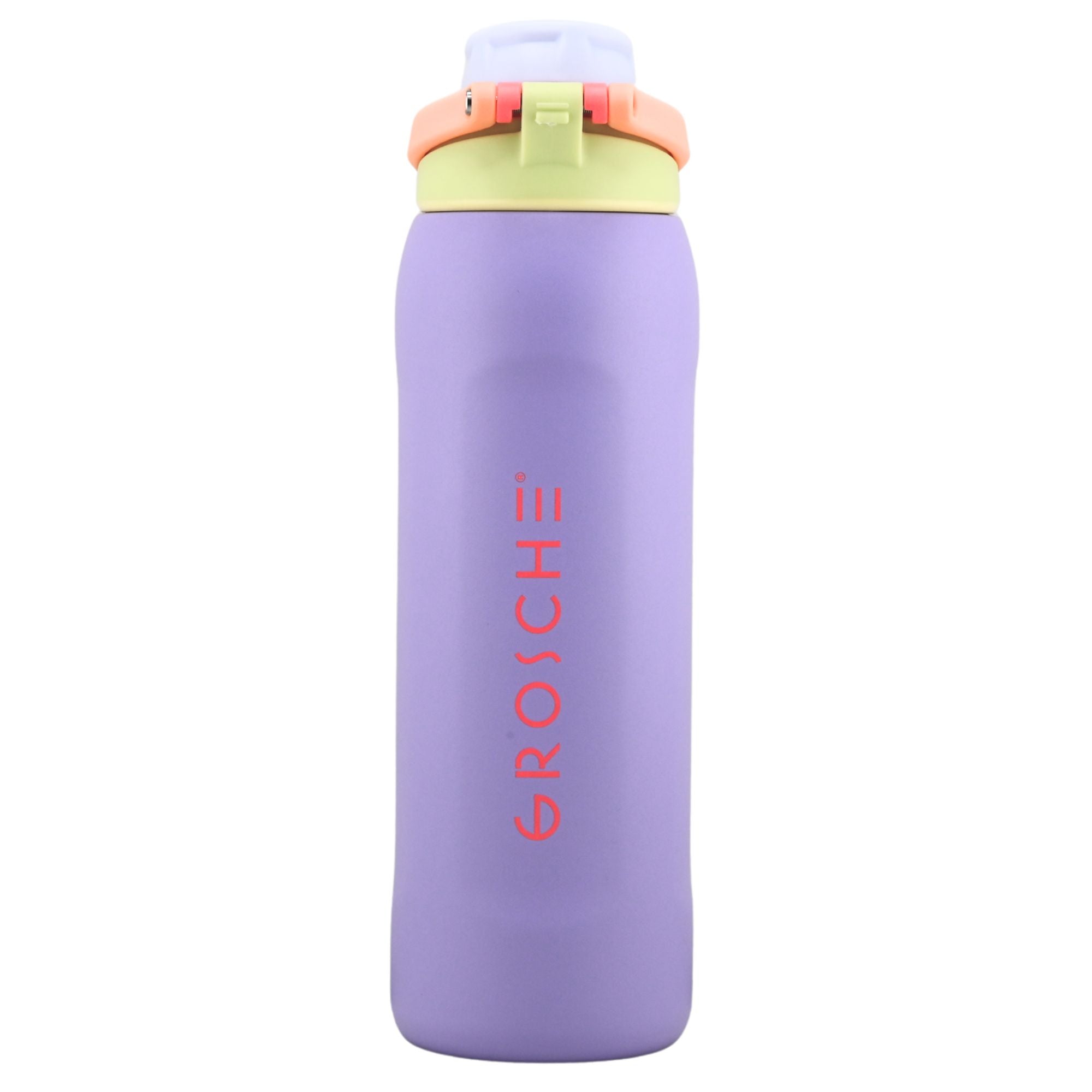 Purple water bottle with colorful cap on a white background
