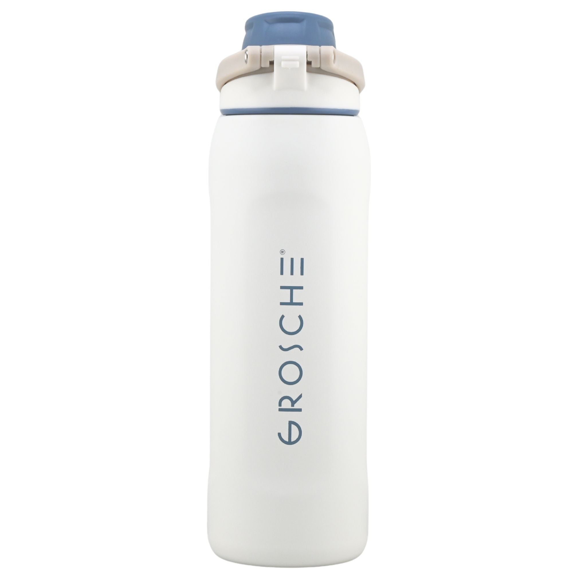 Product picture of the GROSCHE Kamloops White water bottle with blue cap and blue 'GROSCHE' logo on a white background