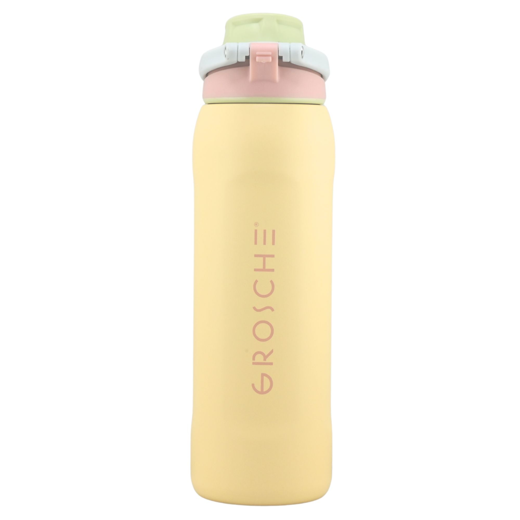 Product picture of the GROSCHE Kamloops Yellow water bottle with a pink cap and pink 'GROSCHE' logo on a white background