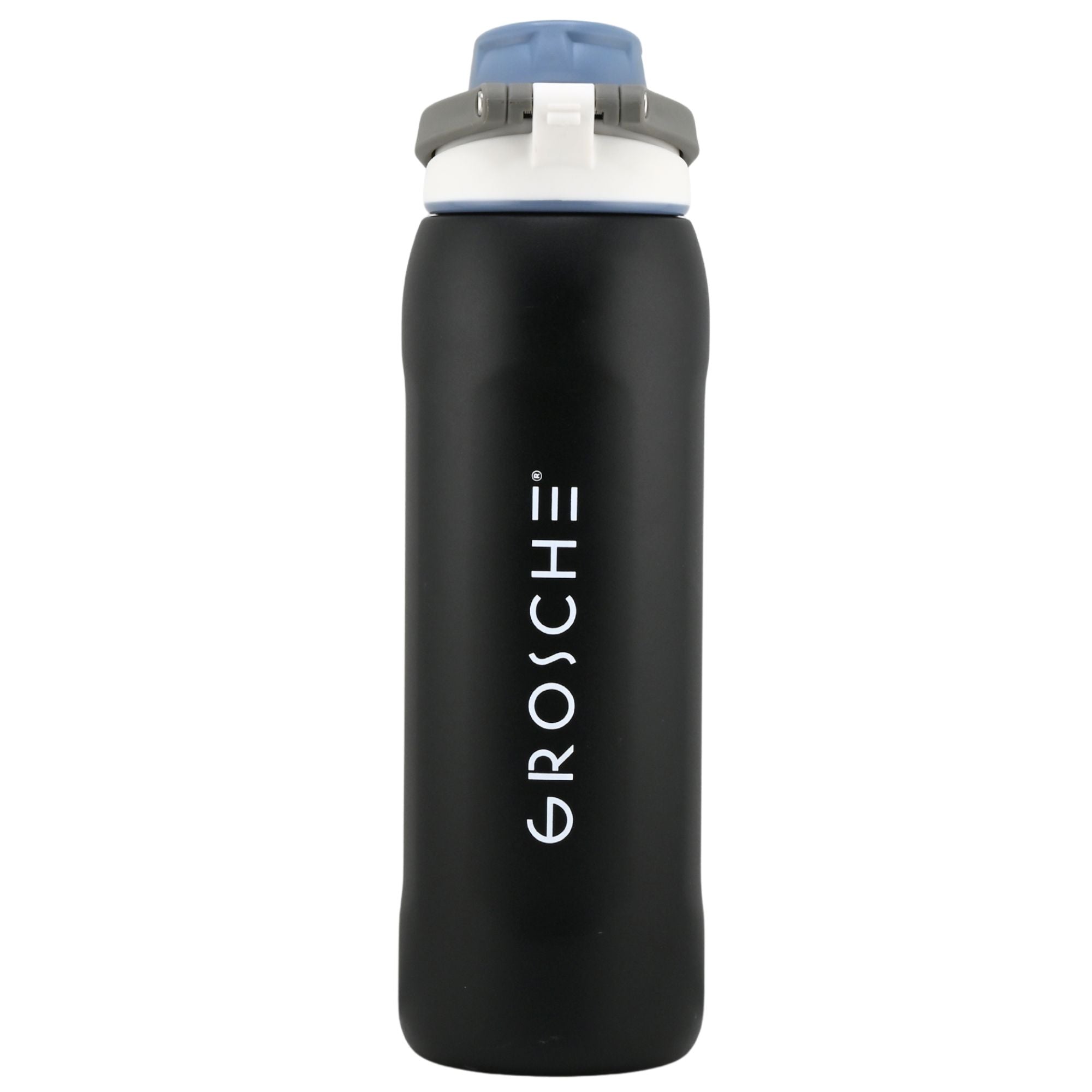 Black water bottle with gray cap on a white background