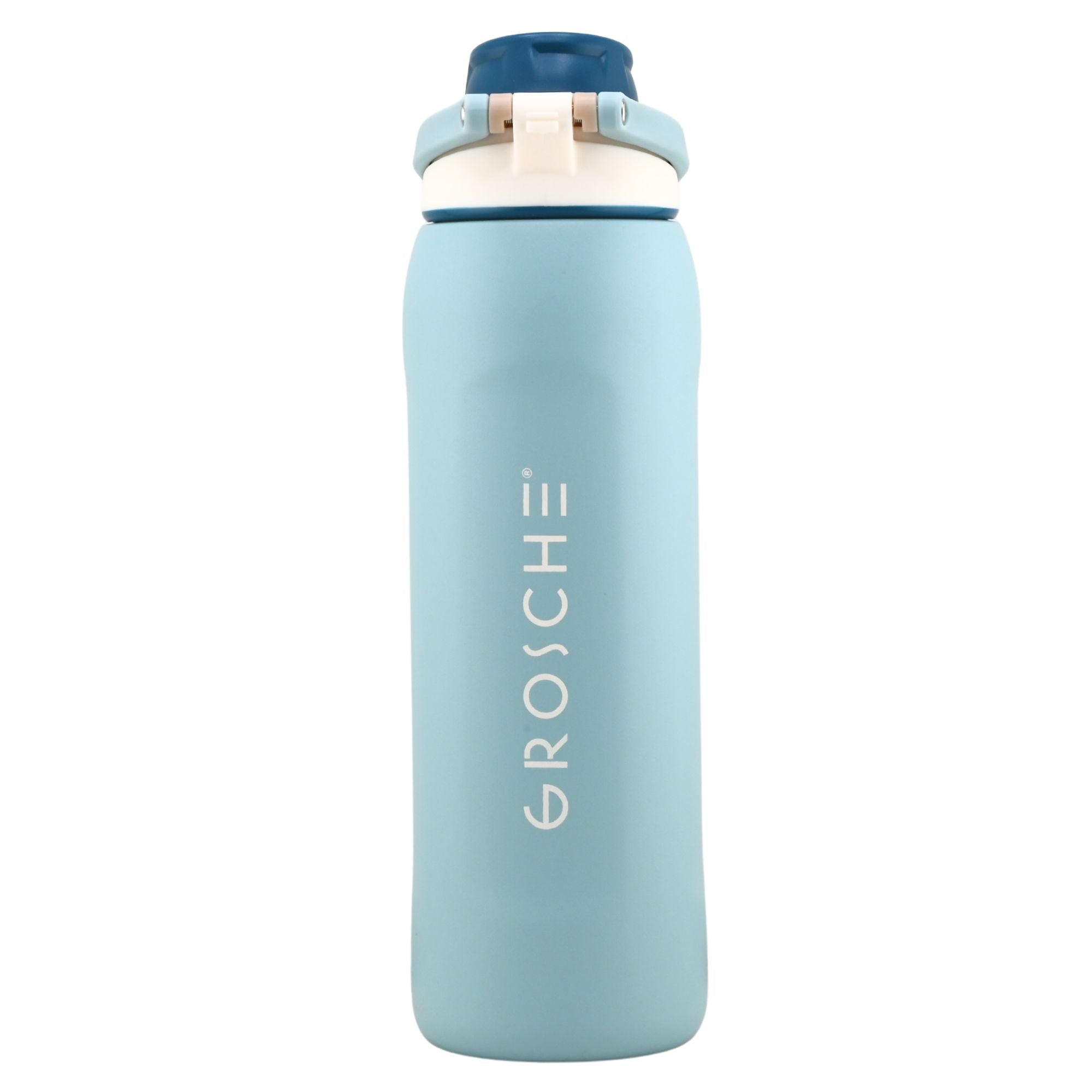 Product picture of the GROSCHE Kamloops Light blue water bottle with blue cap and white 'GROSCHE' logo on a white background