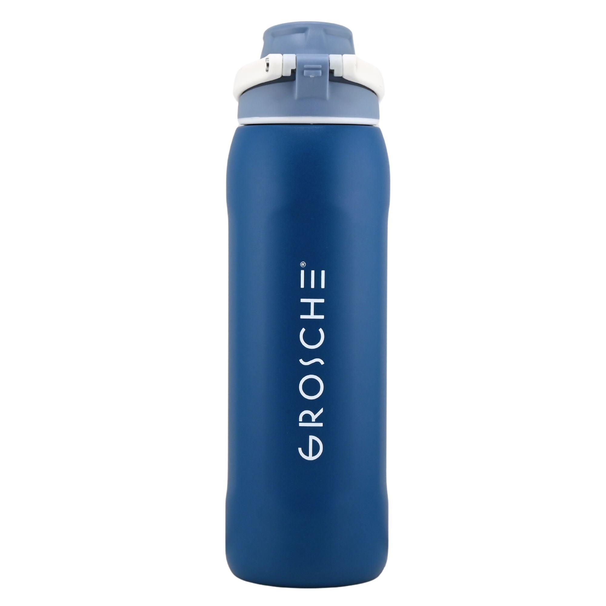 Blue water bottle with white 'Grosche' logo on a white background