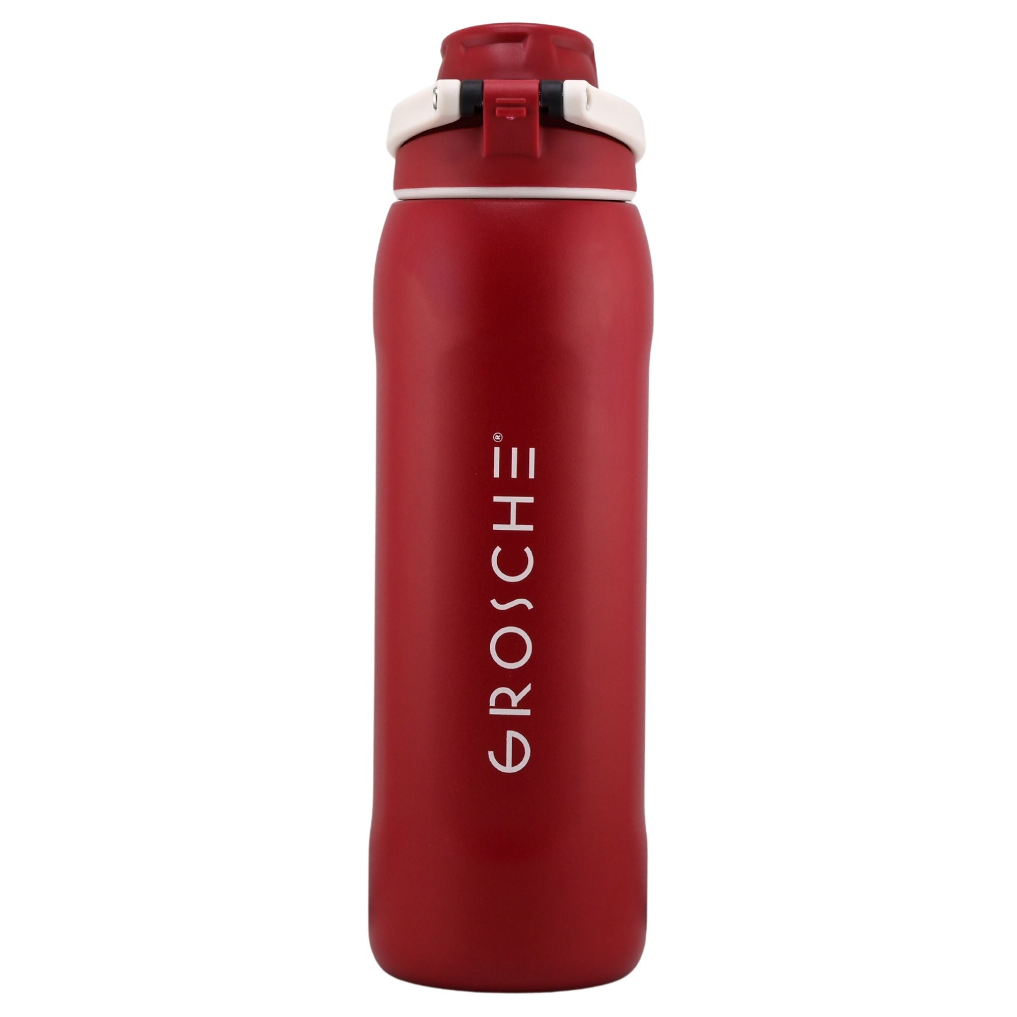 Product picture of the GROSCHE Kamloops Red water bottle with a red screw cap and white 'GROSCHE' logo on a white background