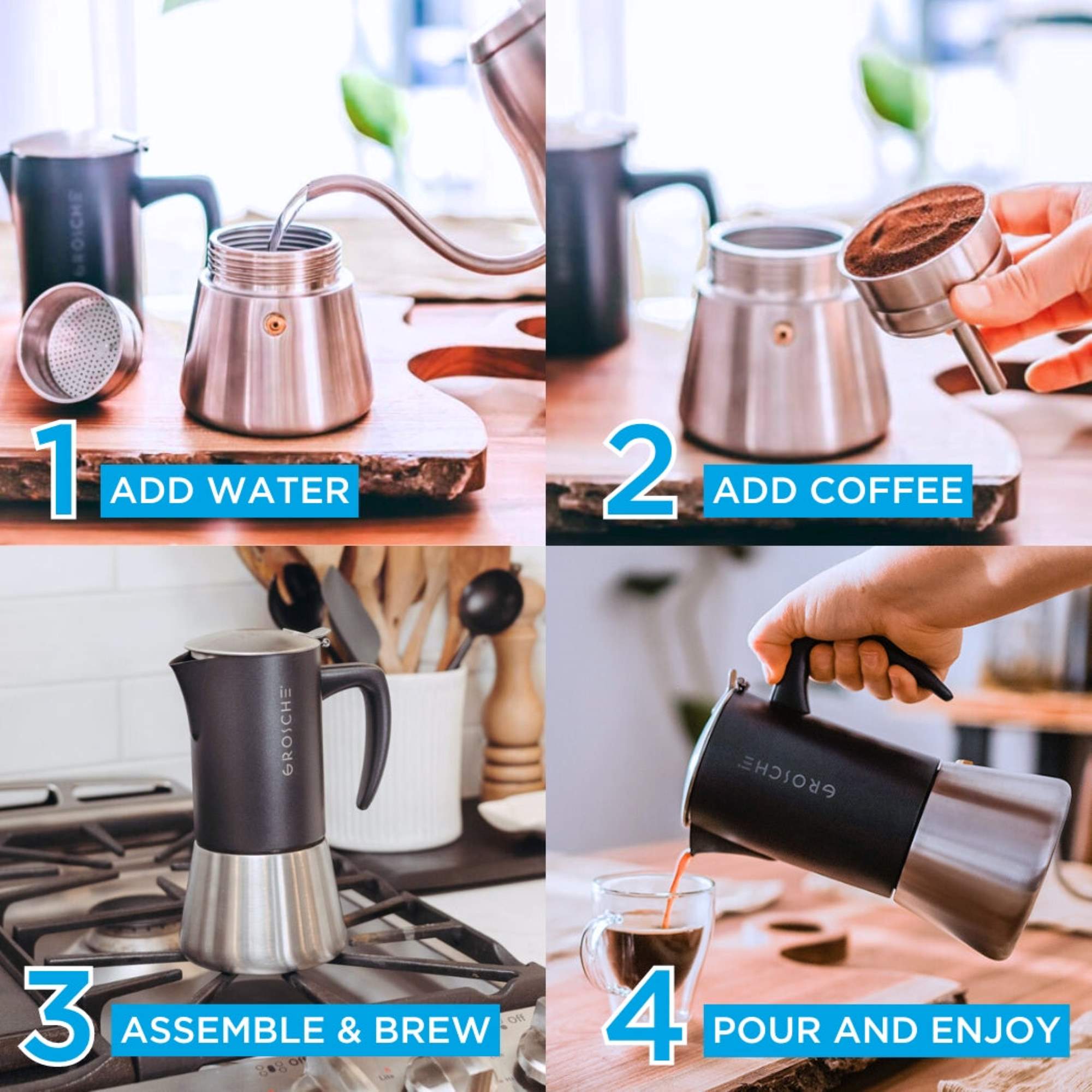 MILANO STEEL Stovetop Espresso Maker, Moka Pot - 10 Cup - GROSCHE International Inc.