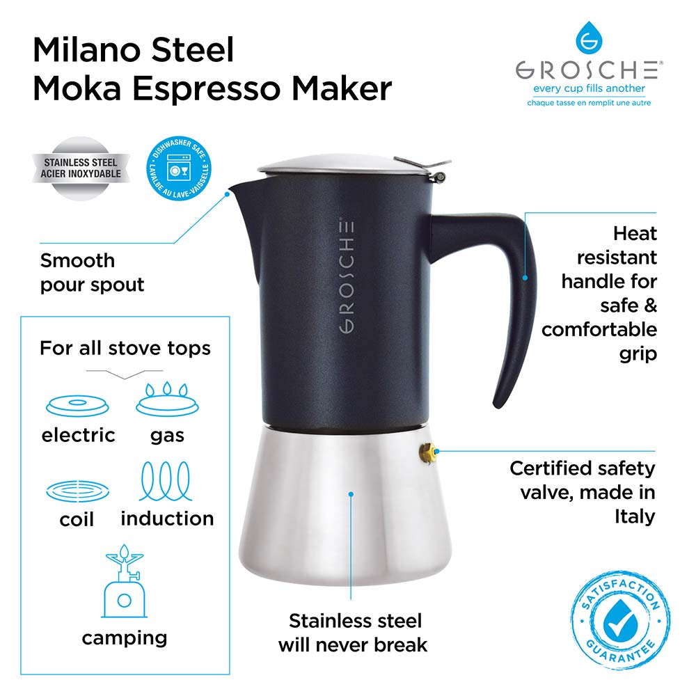 MILANO STEEL Stovetop Espresso Maker, Moka Pot - 10 Cup - GROSCHE International Inc.