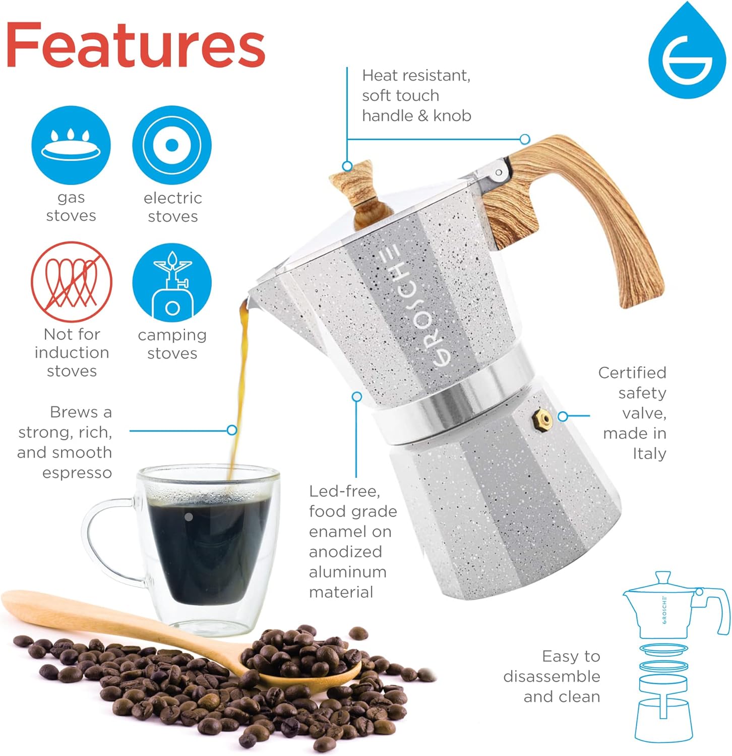 MILANO STONE stovetop espresso maker, stovetop coffee maker, moka pot, italian moka pot, camping coffee maker