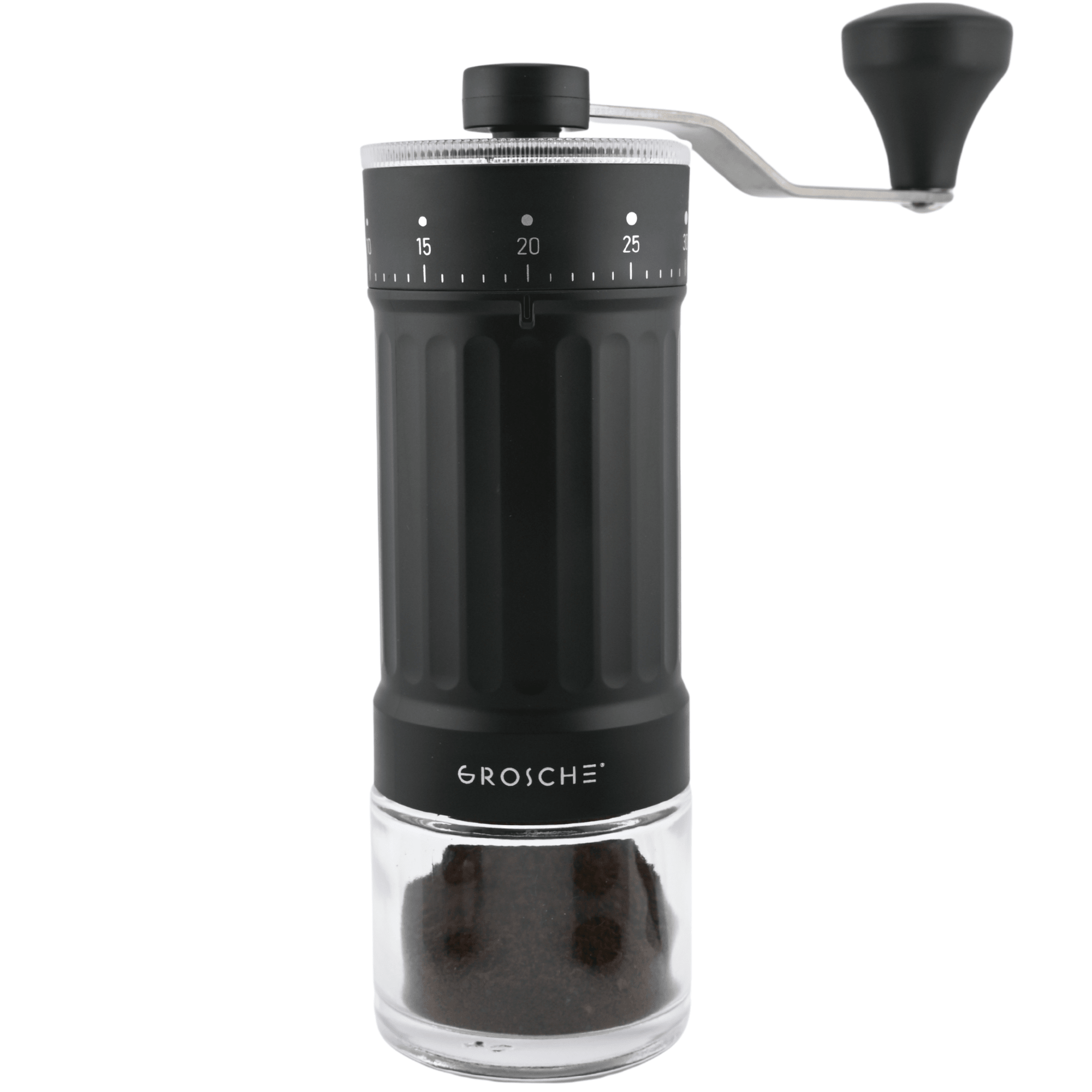 Black manual coffee grinder with glass container on a white background