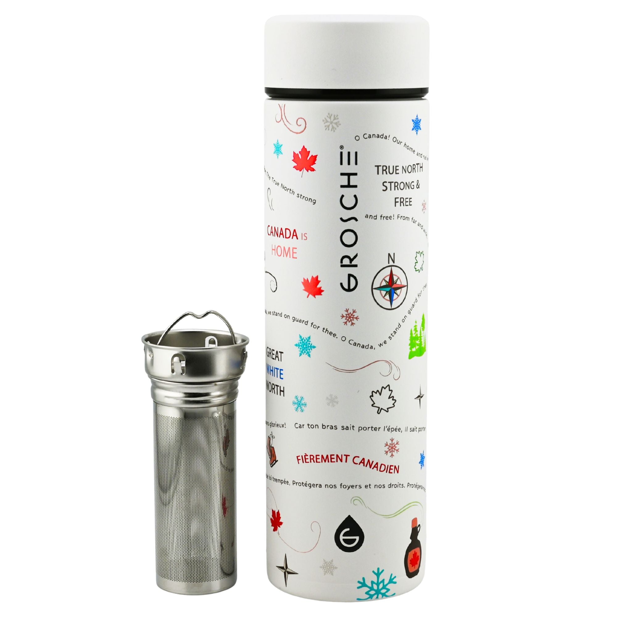 Grosche branded water bottle with a metallic filter on a white background