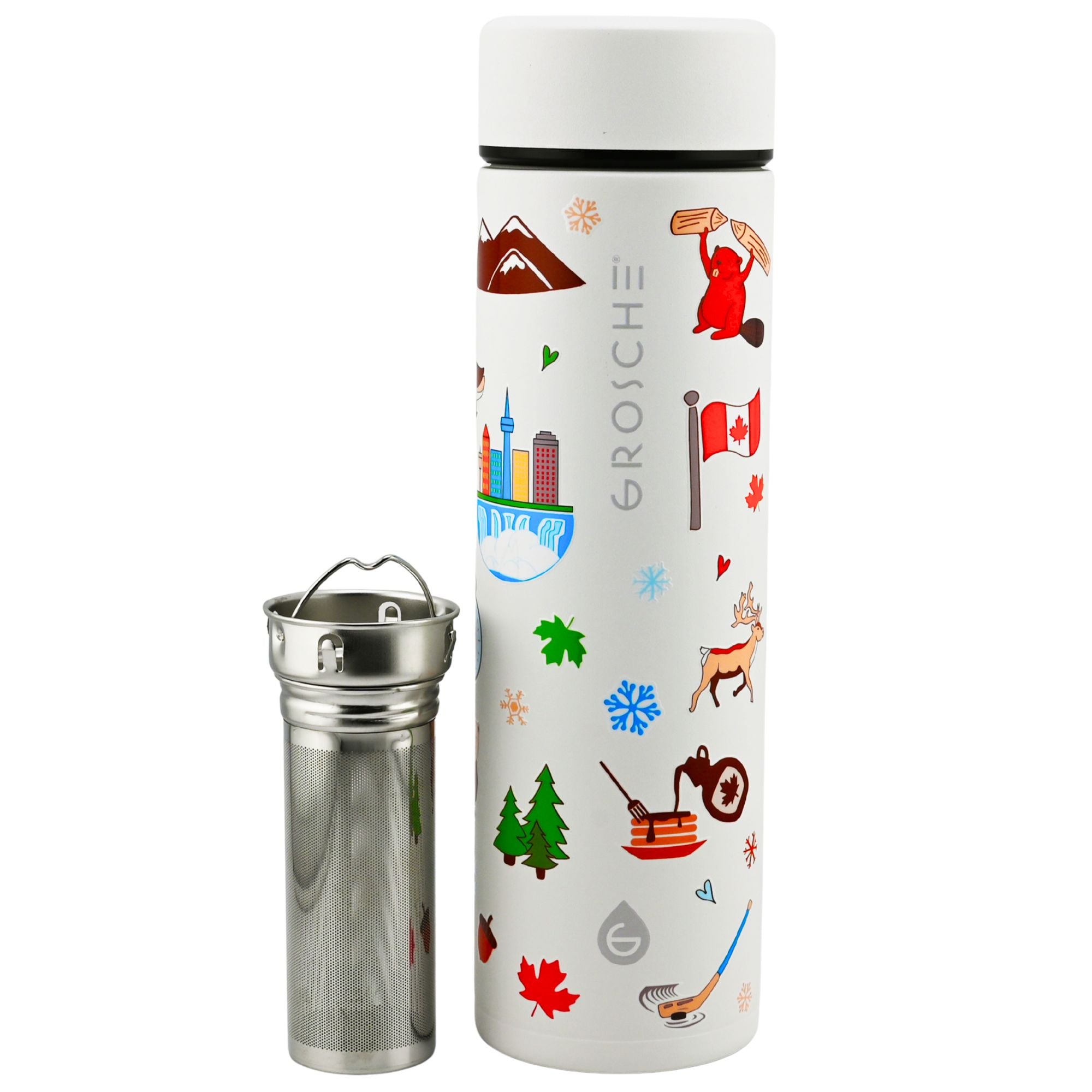 White thermos bottle with colorful graphics and a detachable silver cap on a white background