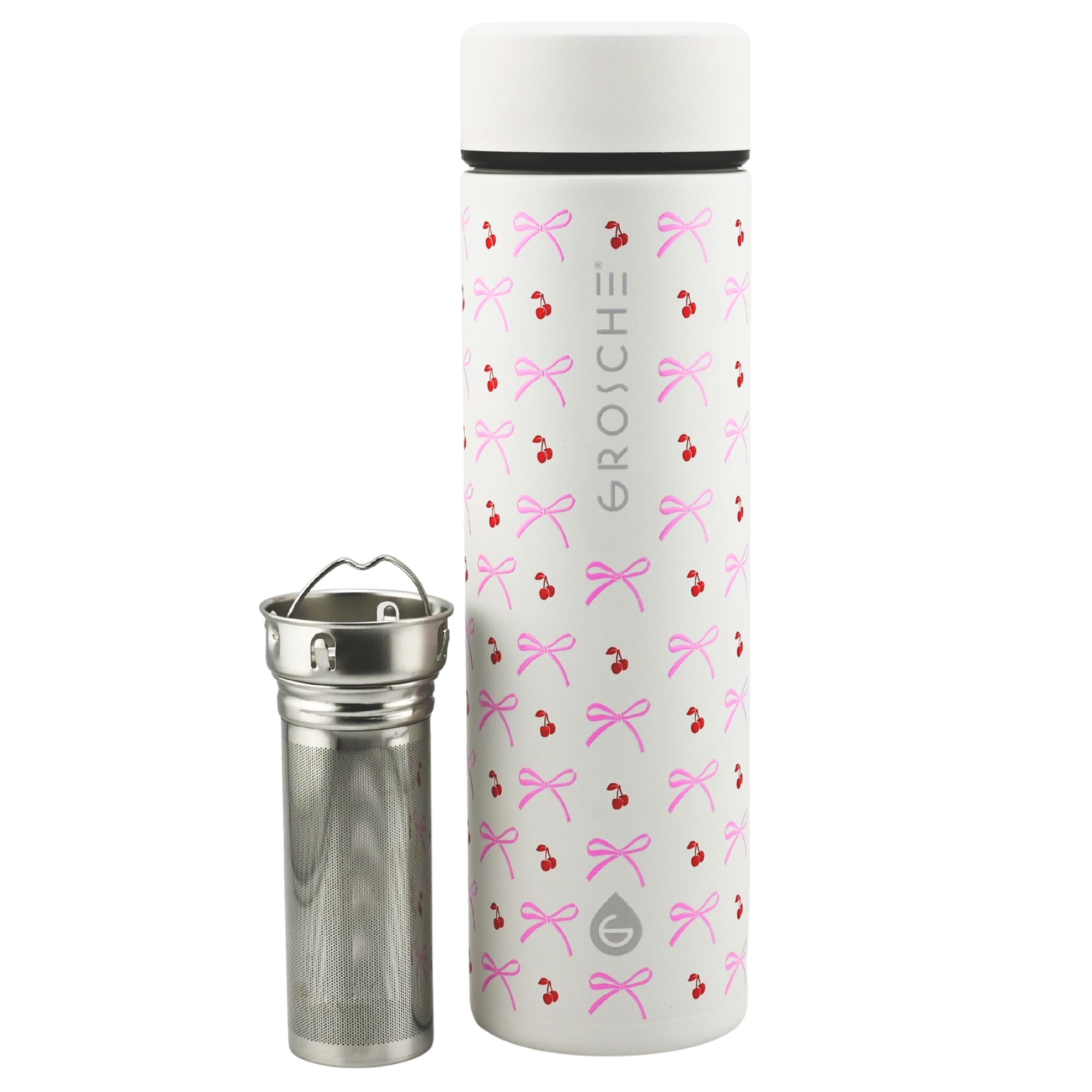 White thermos bottle with pink bow and cherry pattern on a white background