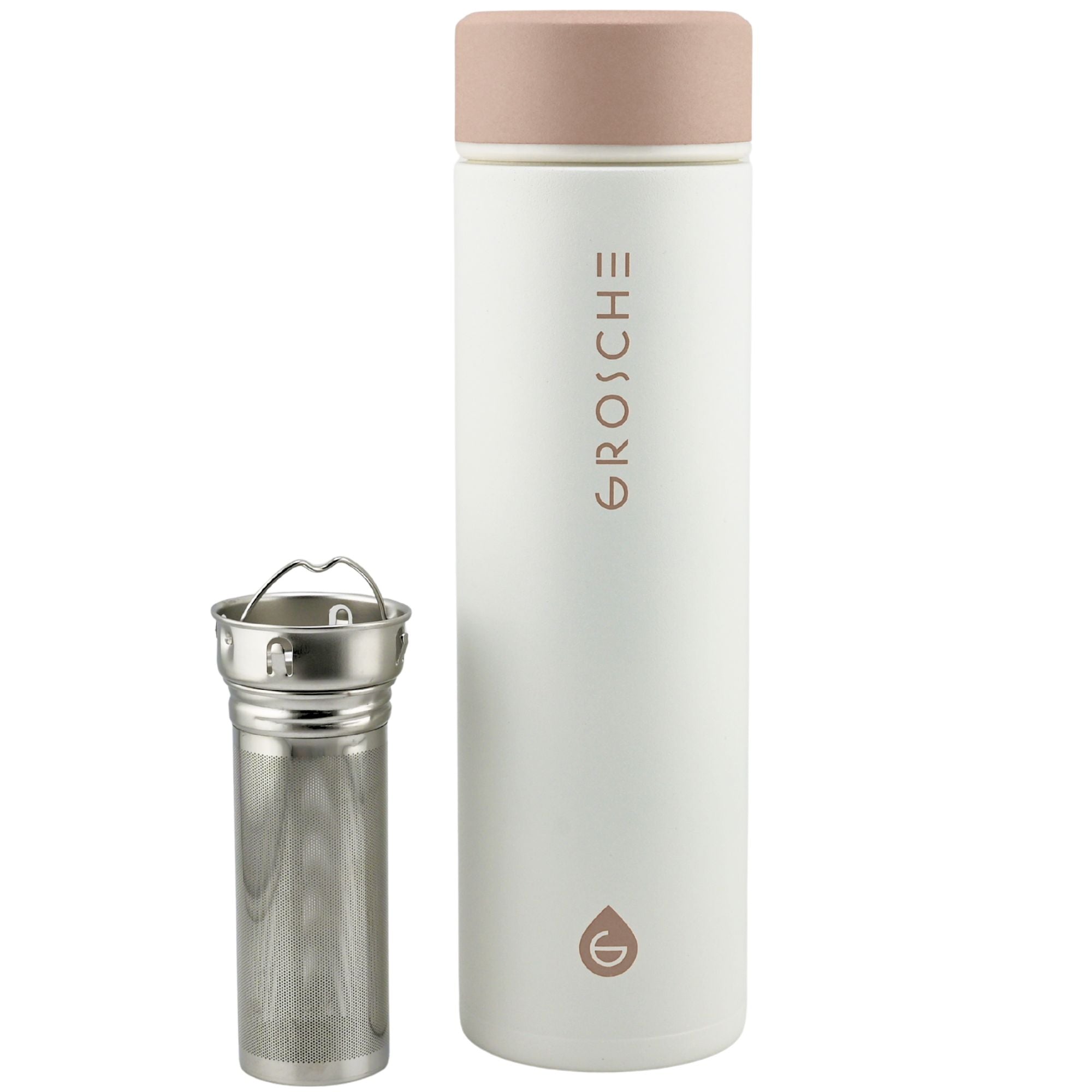 White thermos bottle with pink cap and 'Grosche' branding on a white background