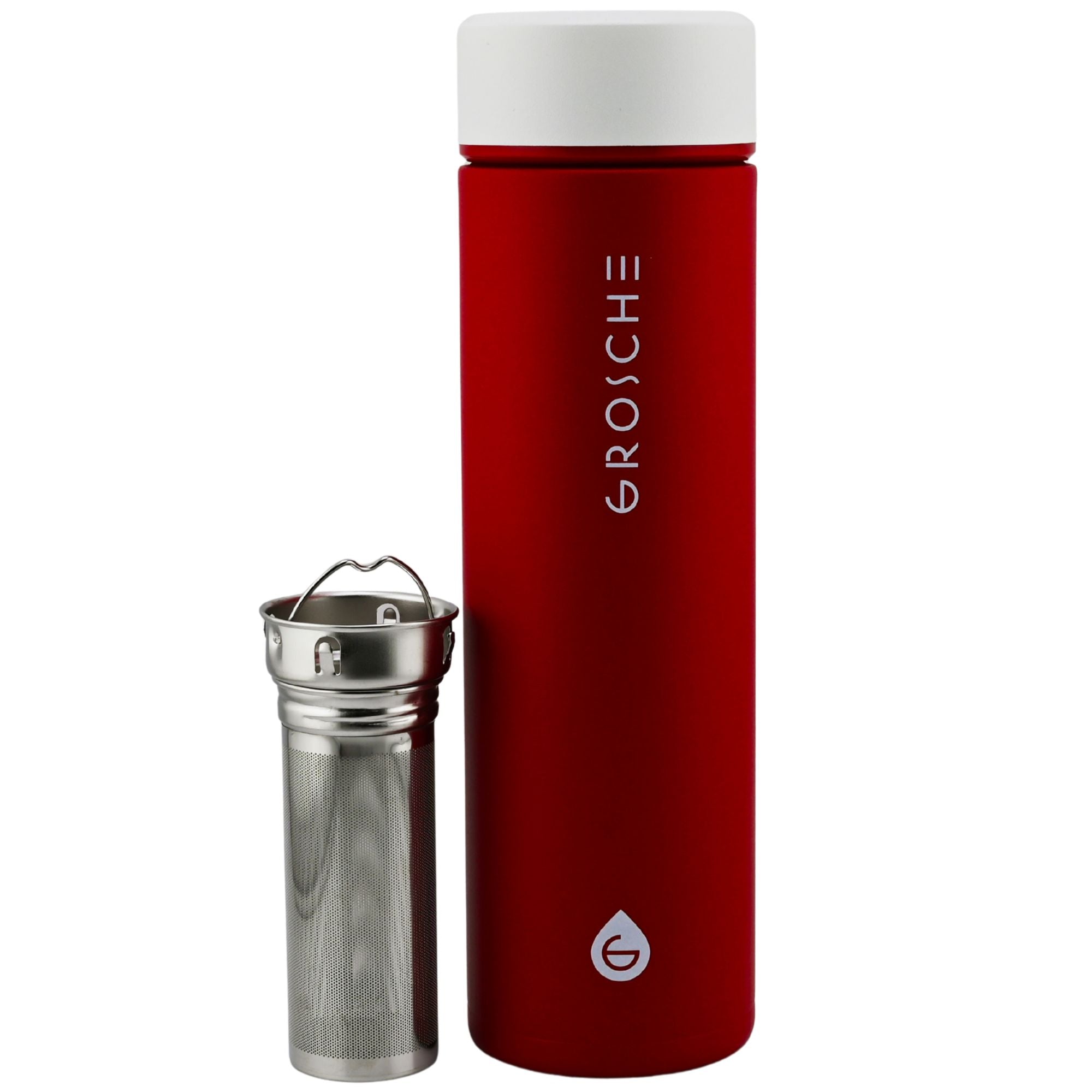 Red thermos bottle with white lid and silver tea infuser on a white background