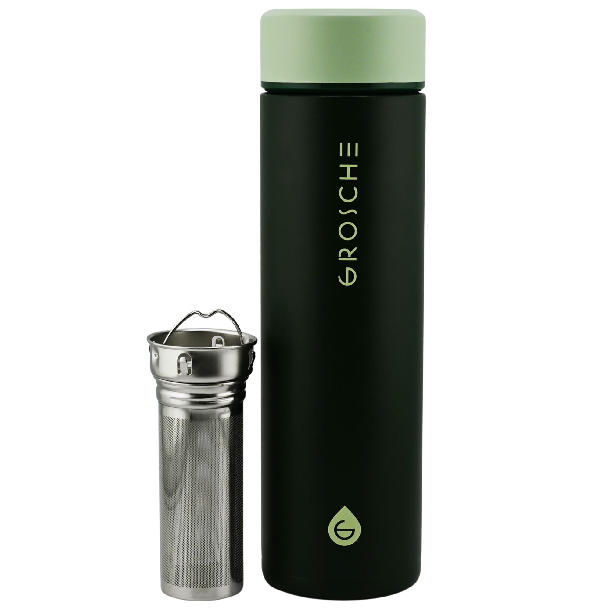Black thermos bottle with green cap and silver filter on a white background