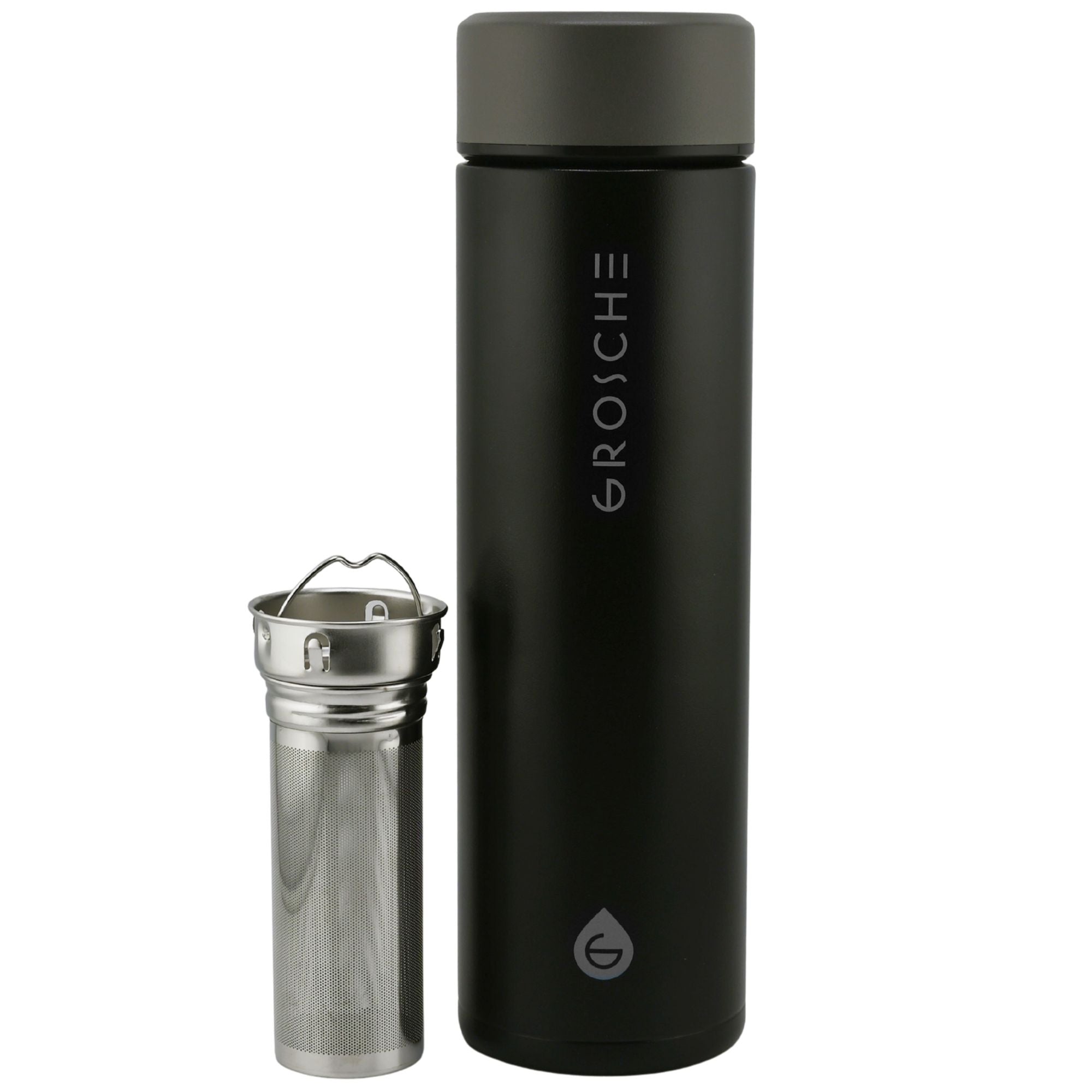 Black thermos bottle with a smaller metallic filter on a white background