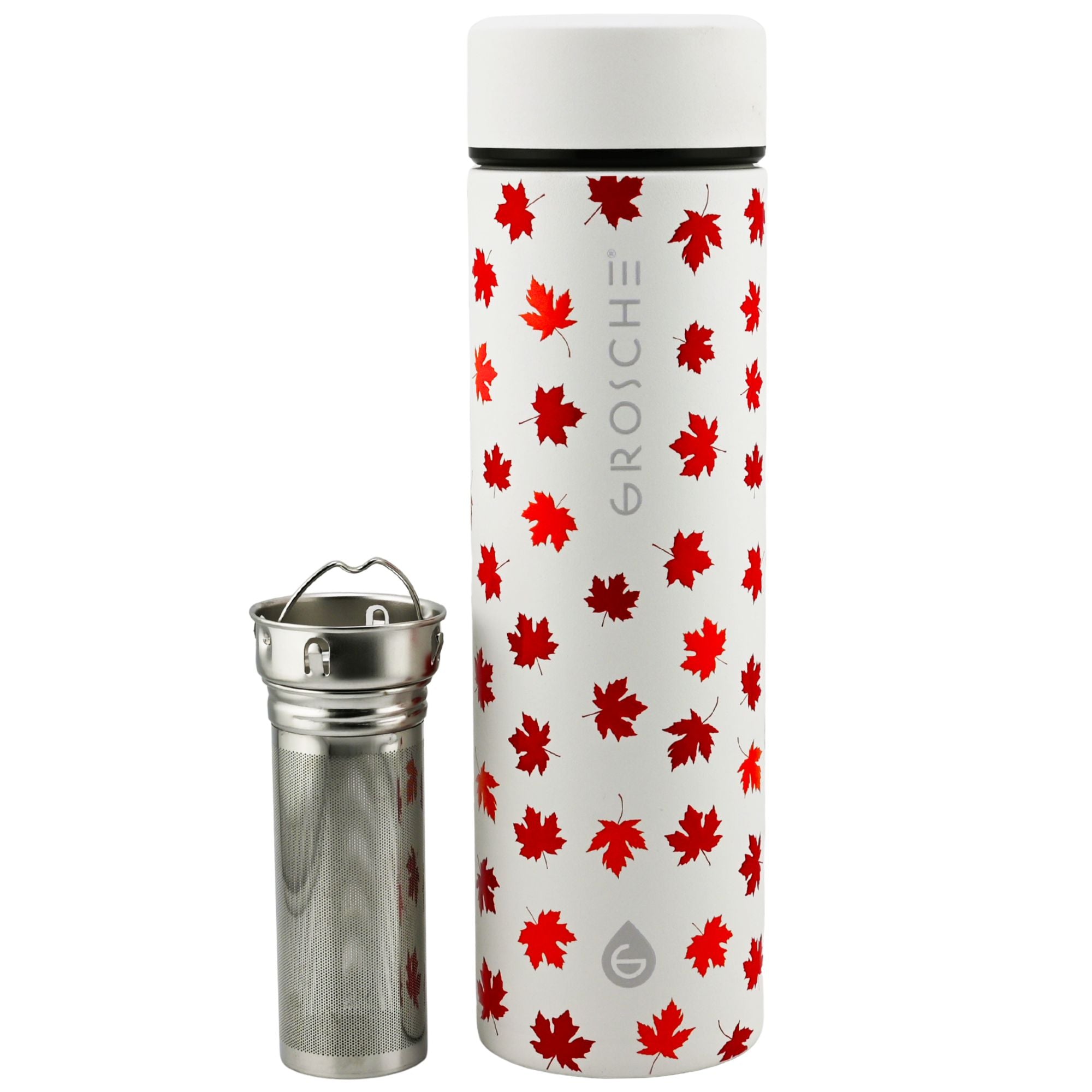 Thermos bottle with red leaf pattern and EuroShe logo on a white background