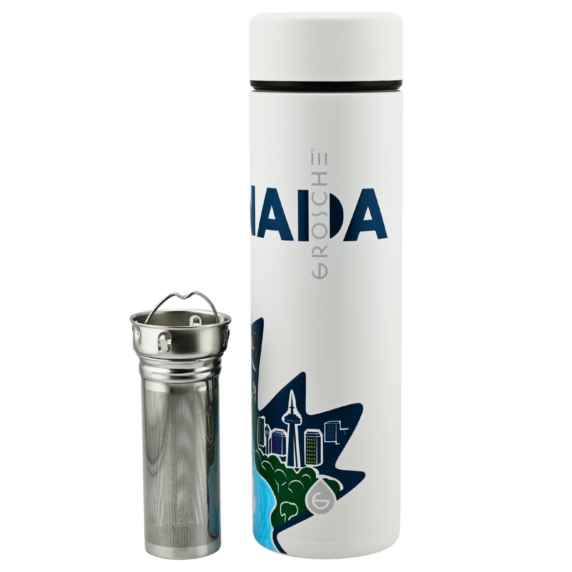 White thermos with 'Grosche' branding and a star-shaped design on a white background